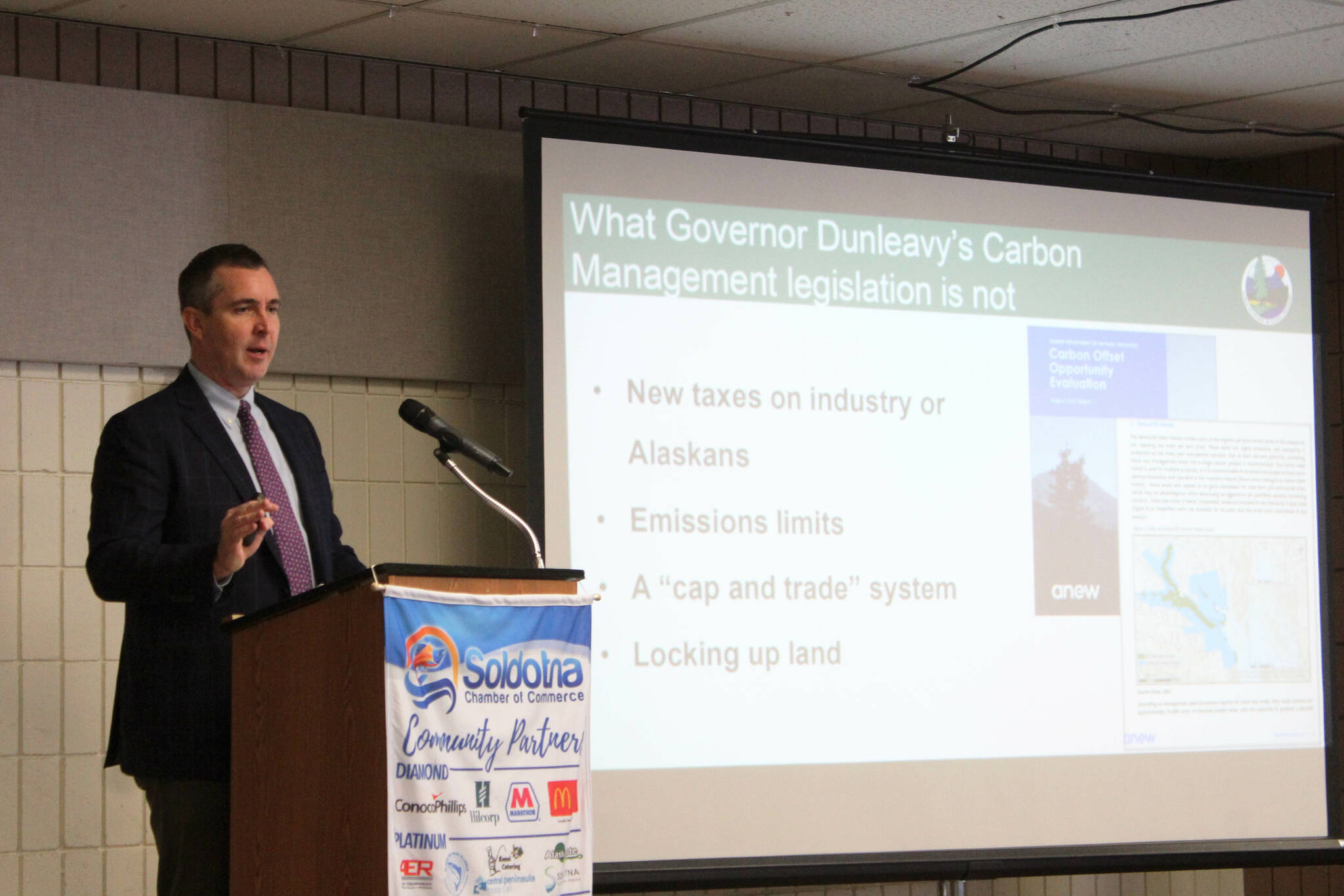 Alaska Department of Natural Resources Commissioner-designee John Boyle presents information about carbon capture, utilization and storage during a Soldotna Chamber of Commerce luncheon on Friday, April 14, 2023, in Soldotna, Alaska. (Ashlyn O’Hara/Peninsula Clarion)
