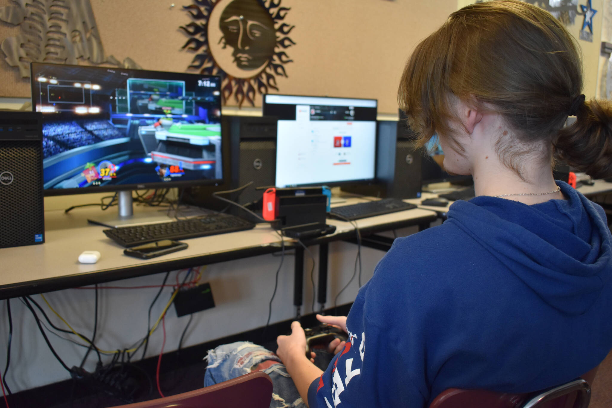 Kenai Central’s Koen Pace competes against Valdez High School in a playoff match for Alaska high school Super Smash Bros. Ultimate on Friday, April 14, 2023 at Kenai Central High School in Kenai, Alaska. (Jake Dye/Peninsula Clarion)