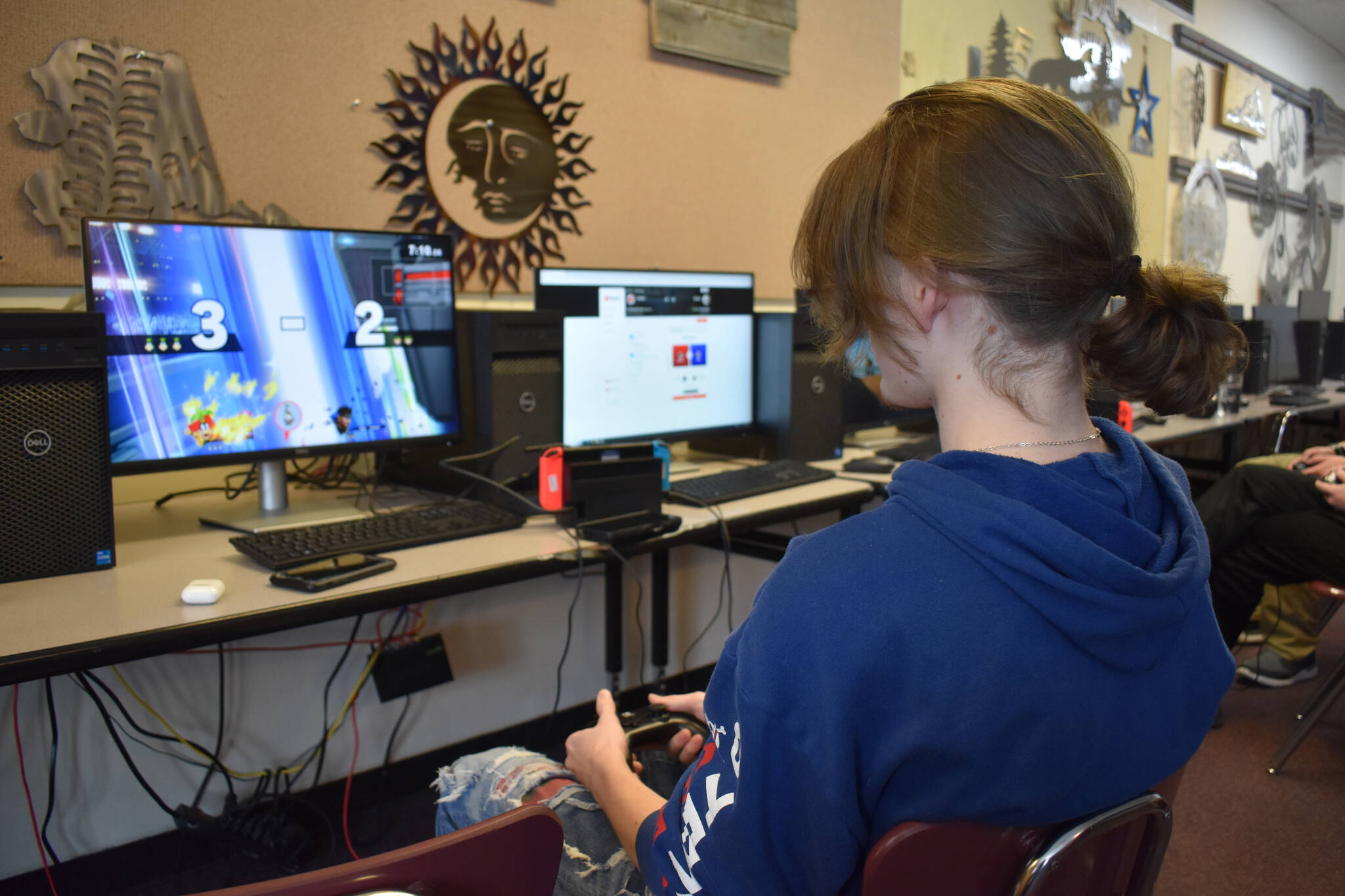 Kenai Central’s Koen Pace competes against Valdez High School in a playoff match for Alaska high school Super Smash Bros. Ultimate on Friday, April 14, 2023 at Kenai Central High School in Kenai, Alaska. (Jake Dye/Peninsula Clarion)