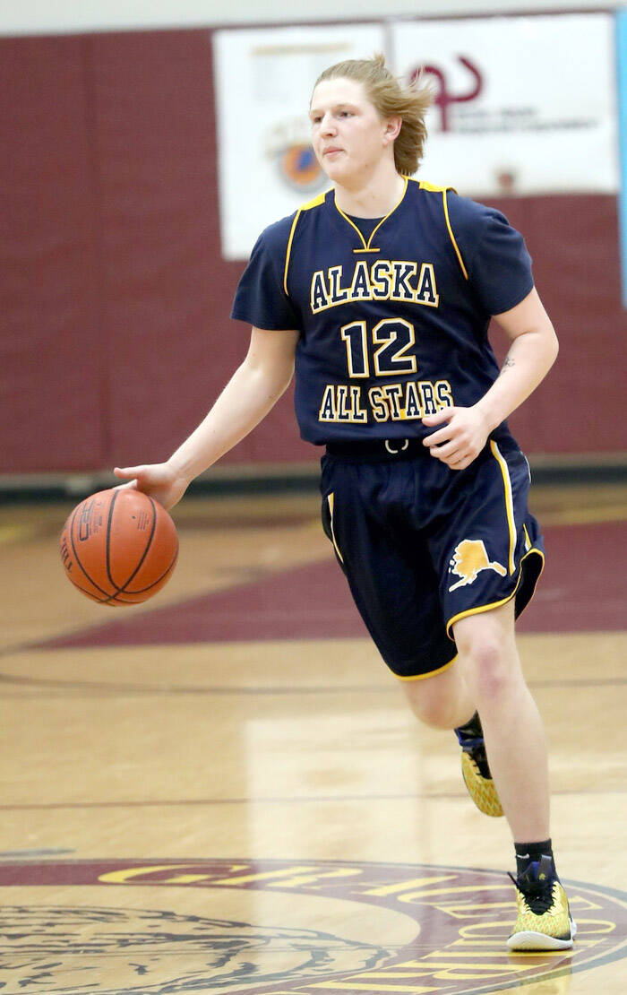 Ninilchik senior Cole Moore competes in the Class 1A/2A girls game in the Alaska Association of Basketball Coaches senior all-star games Saturday, April 15, 2023, at Grace Christian School in Anchorage, Alaska. (Photo by Bruce Eggleston/matsusports.net)