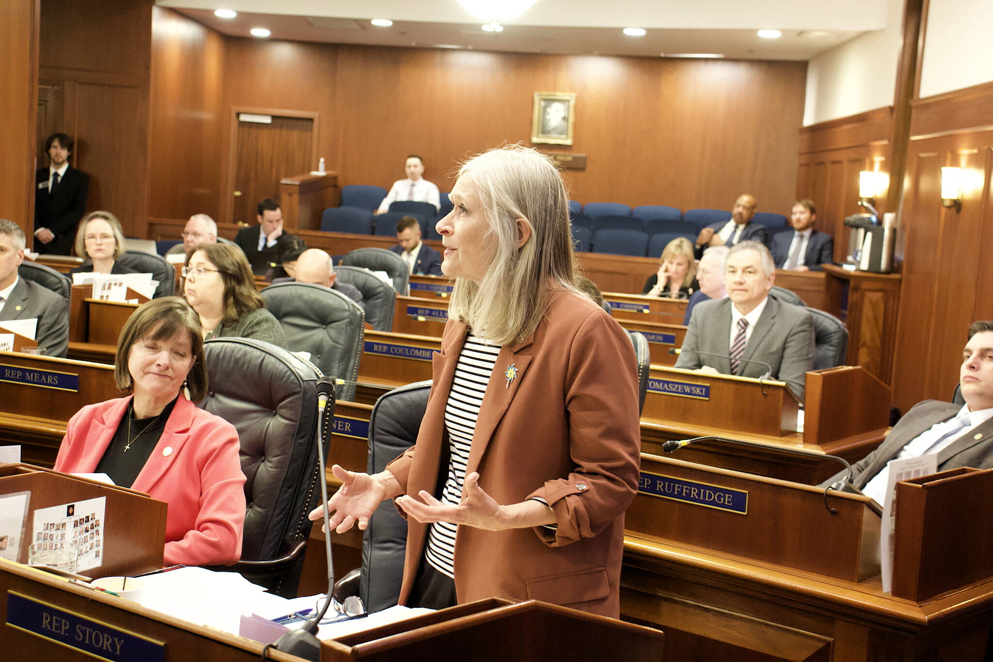 State Rep. Andi Story, D-Juneau, discusses what she considers inadequacies in state education funding during floor debate Monday, April 17, 2023, about the House’s proposed budget for the coming fiscal year. The budget approved by a 23-17 vote will next be considered by the Senate, with a compromise version likely drafted to resolve differences before the end of the session. (Mark Sabbatini / Juneau Empire)