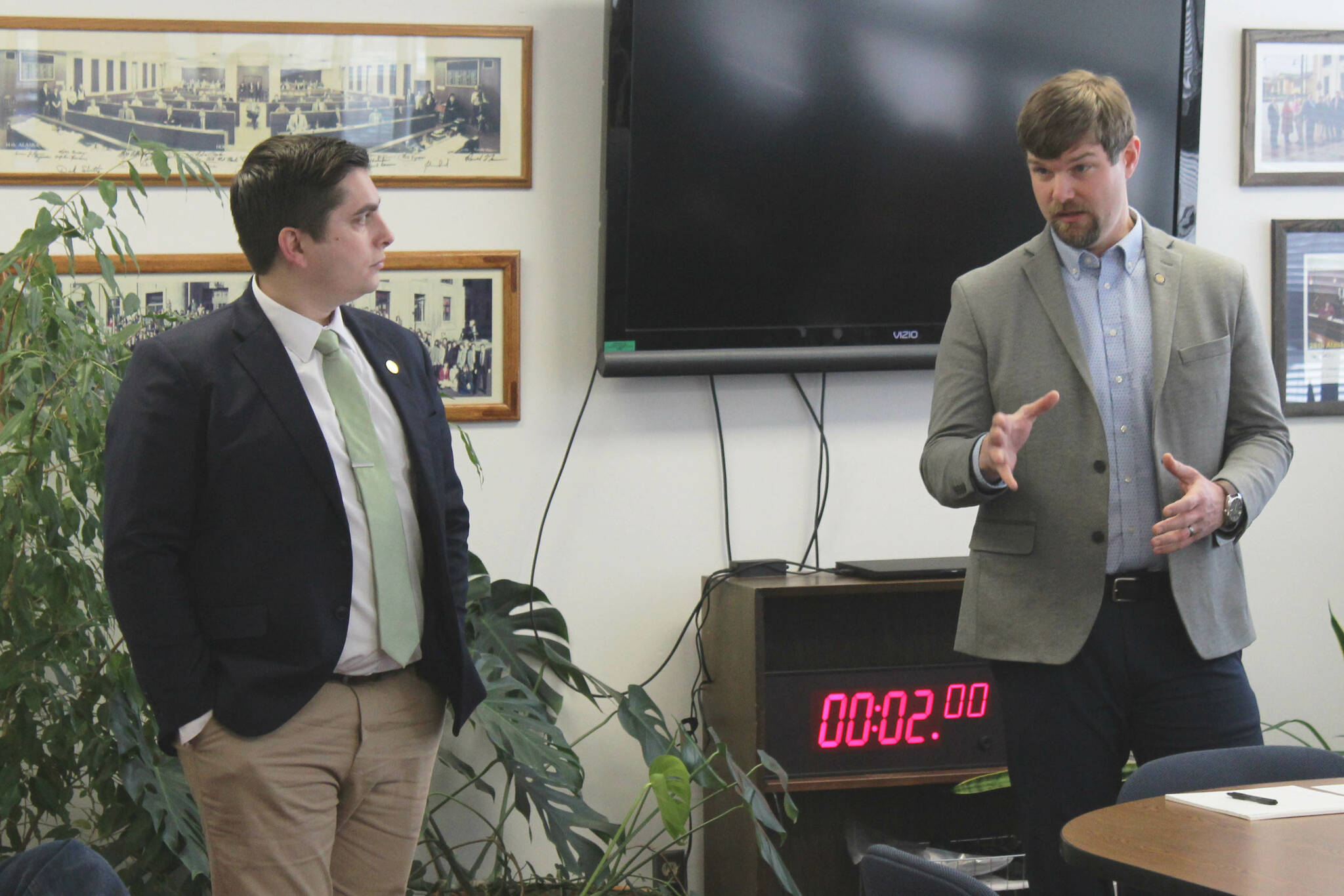 Rep. Justin Ruffridge, left, and Sen. Jesse Bjorkman address constituents during a town hall event on Saturday, April 15, 2023, in Kenai, Alaska. (Ashlyn O’Hara/Peninsula Clarion)