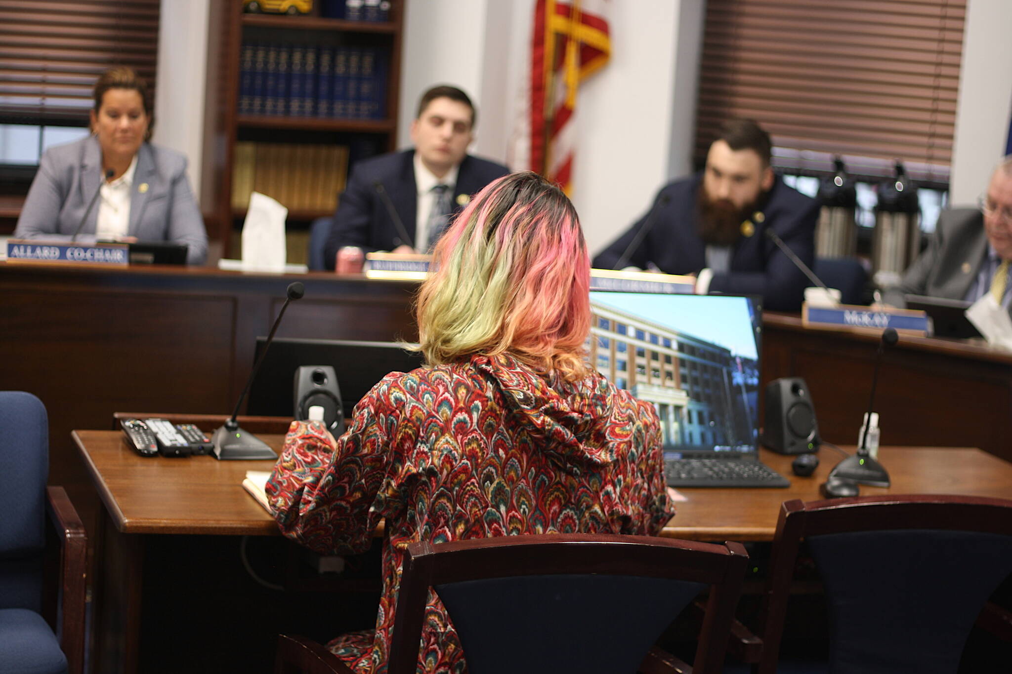 Apayauq Reitan, the first transgender woman to participate in the Iditarod, tells the House Education Committee on March 30, 2023, why she opposes a bill restricting sex and gender content in schools. A second meeting for public testimony is scheduled Thursday. (Mark Sabbatini/Juneau Empire)