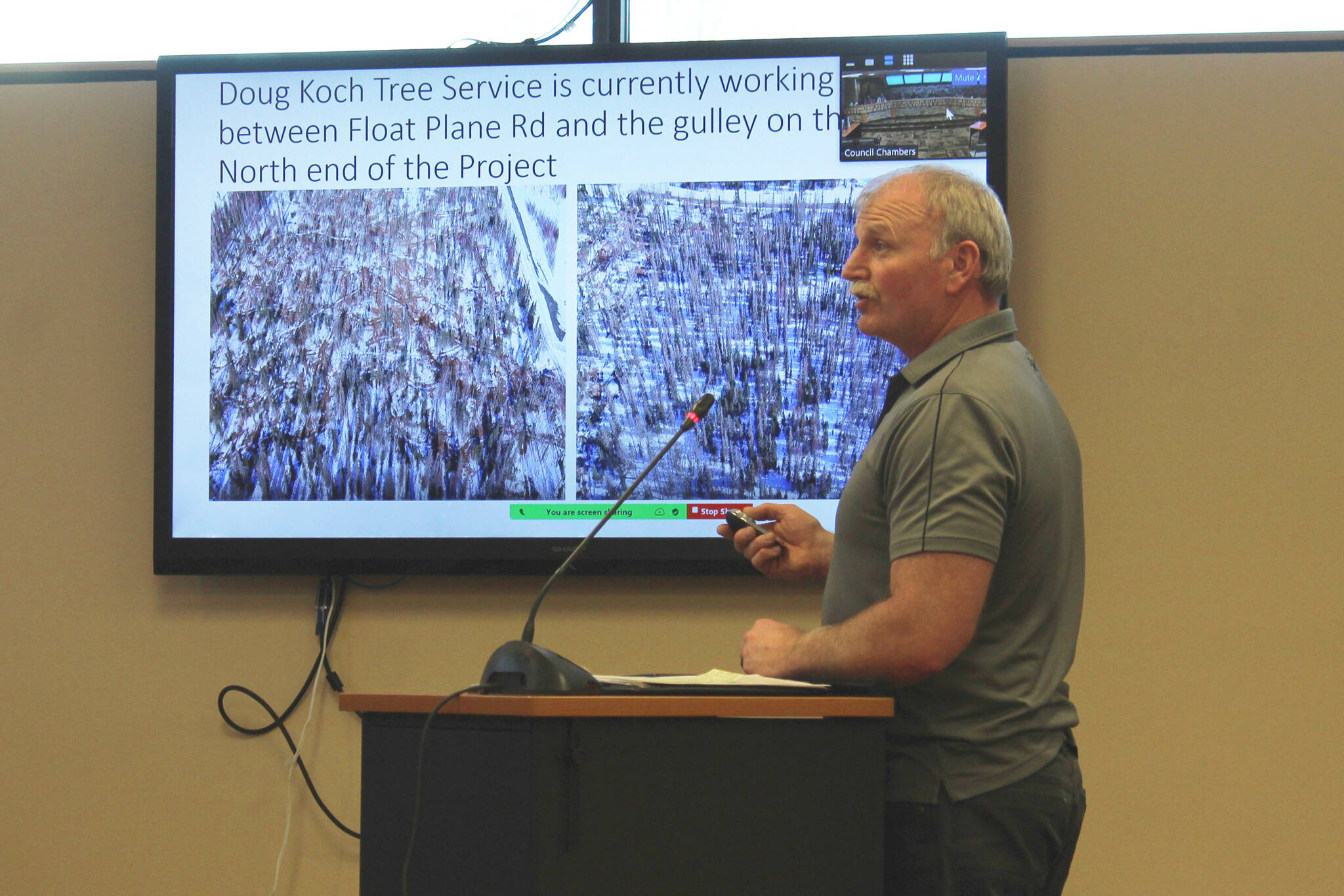 Kenai Fire Chief Tony Prior presents updates on the city’s spruce bark beetle mitigation efforts to Kenai City Council members during a council meeting on Wednesday, April 19, 2023, in Kenai, Alaska. (Ashlyn O’Hara/Peninsula Clarion)