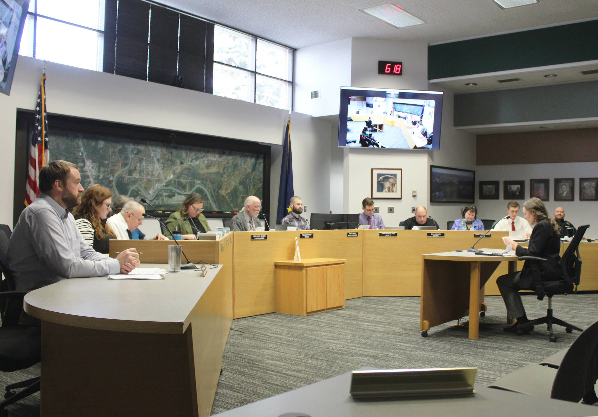 The Soldotna City Council convenes on Wednesday, April 12, 2023, in Soldotna, Alaska. (Ashlyn O’Hara/Peninsula Clarion)