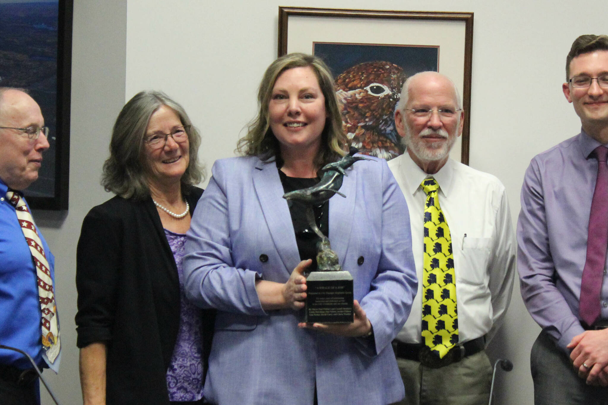 Soldotna City Manager Stephanie Queen is recognized for her contributions to the city during a council meeting on Wednesday, April 26, 2023 in Soldotna, Alaska. (Ashlyn O’Hara/Peninsula Clarion)