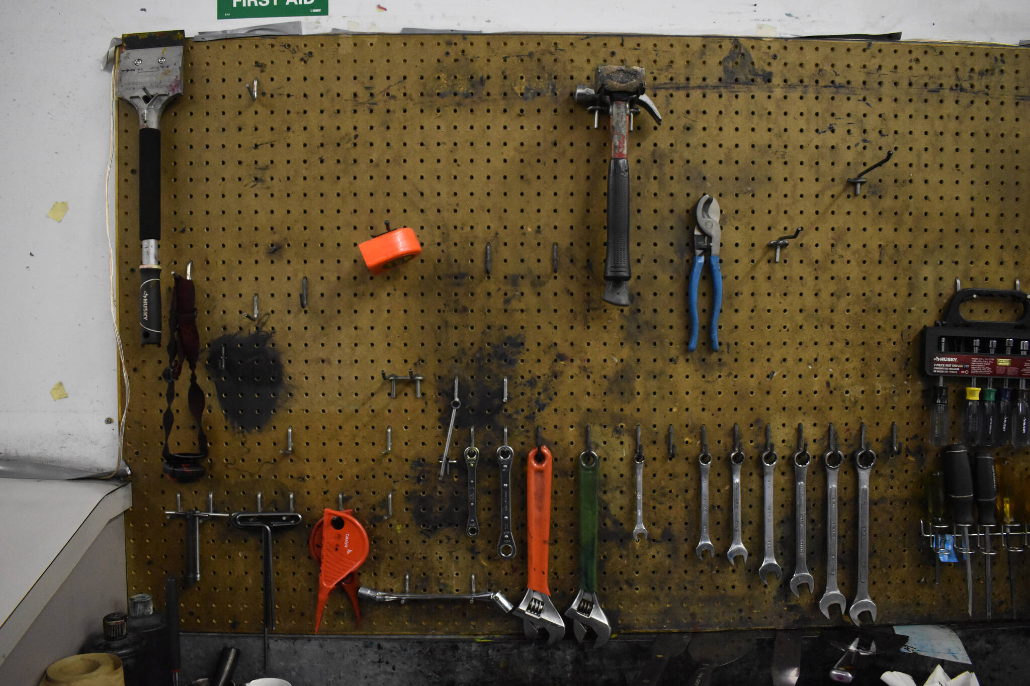 Rows of tools hang on the wall on Monday, April 24, 2023, in the Peninsula Clarion pressroom in Kenai, Alaska. (Jake Dye/Peninsula Clarion)