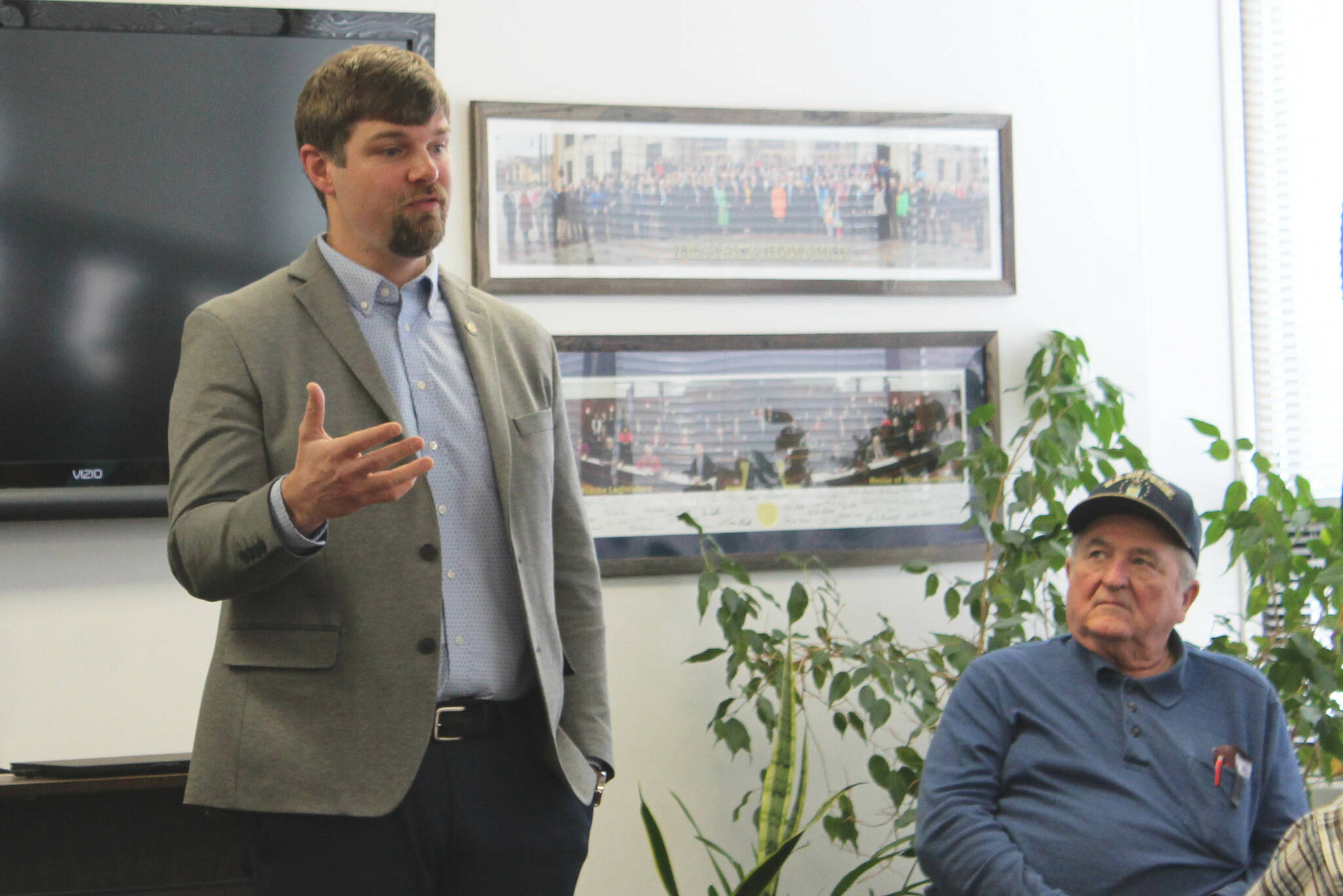 Sen. Jesse Bjorkman, left, addresses constituents during a town hall event on Saturday, April 15, 2023 in Kenai, Alaska. (Ashlyn O’Hara/Peninsula Clarion)