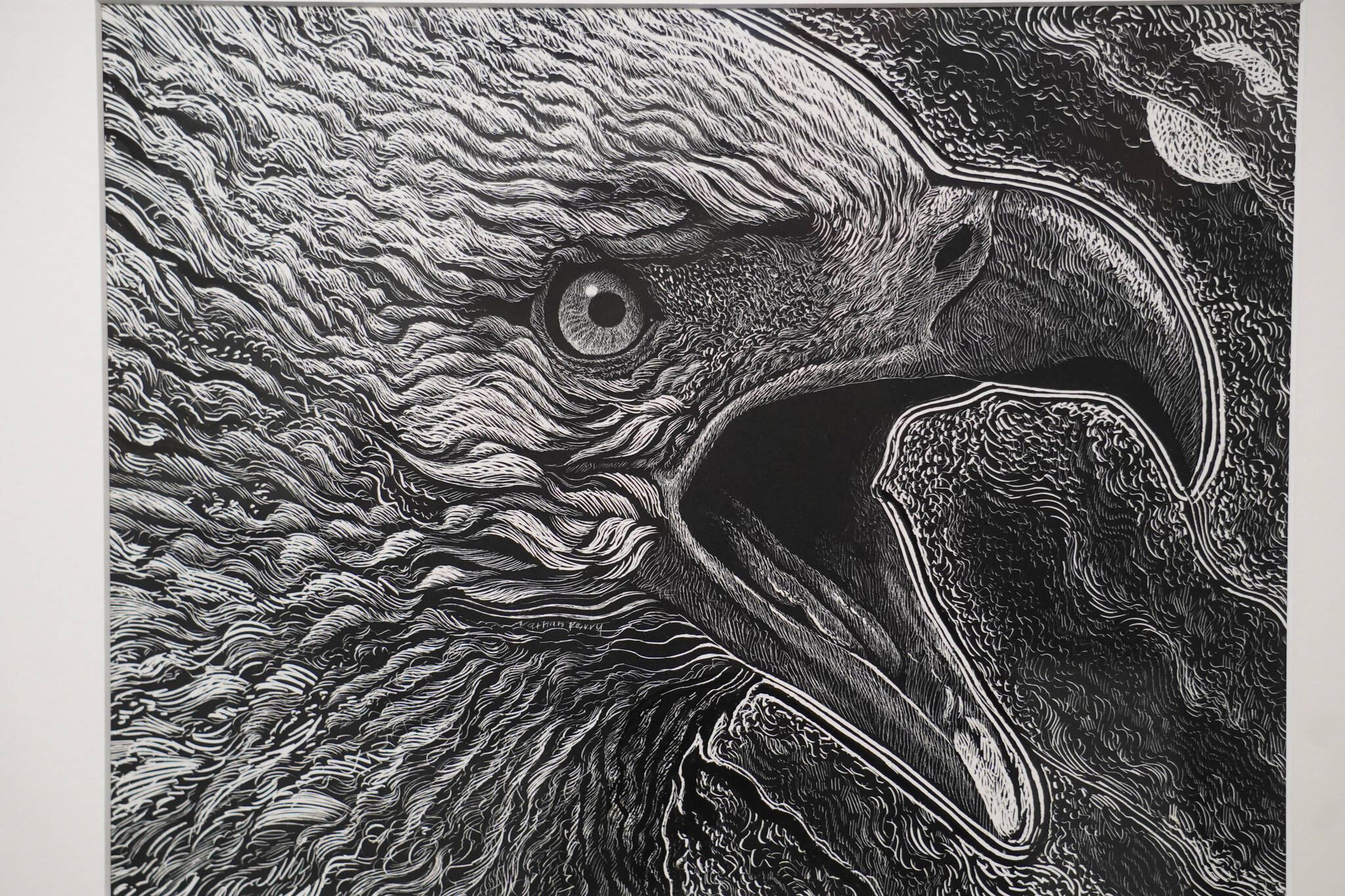 A stylized drawing of an eagle by artist Nathan Perry hangs as part of “Elaborate Expressions” at the Kenai Art Center in Kenai, Alaska on May 3, 2023. (Jake Dye/Peninsula Clarion)