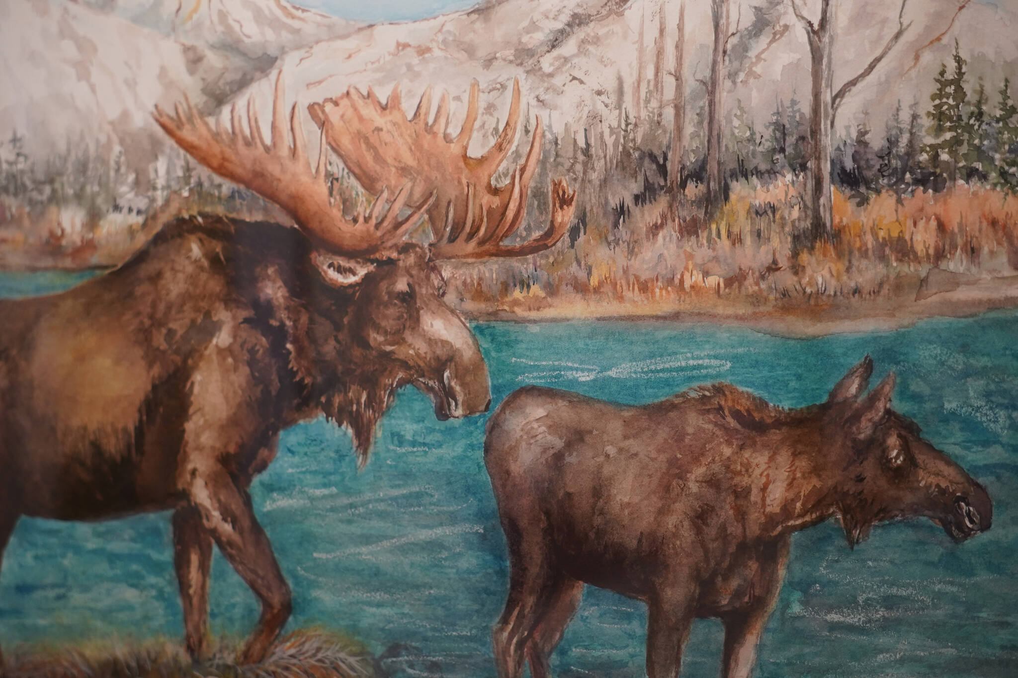 “The Courting,” by Marlyn Kramer, hangs as part of “Thursday Art Group” at the Kenai Art Center in Kenai, Alaska, on Wednesday, May 3, 2023. (Jake Dye/Peninsula Clarion)
