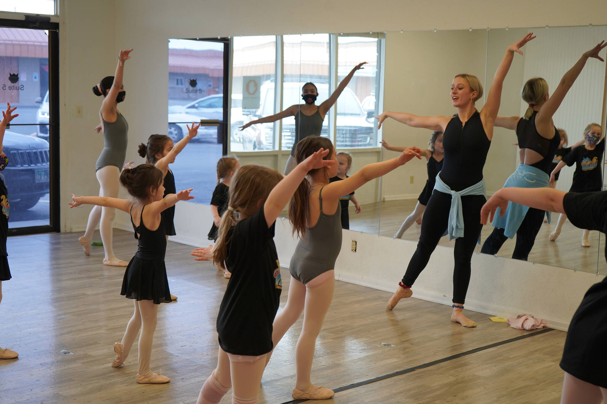 A ballet class practices at Diamond Dance Project in Soldotna, Alaska, on Wednesday, May 10, 2023. (Jake Dye/Peninsula Clarion)