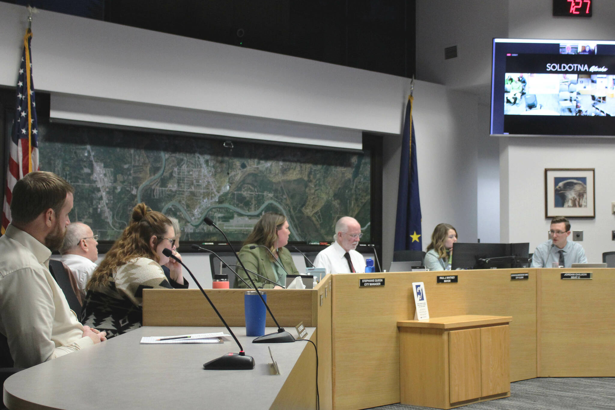 Soldotna City Council member Jordan Chilson, right, speaks during a council meeting on Wednesday, March 8, 2023, in Soldotna, Alaska. (Ashlyn O’Hara/Peninsula Clarion)