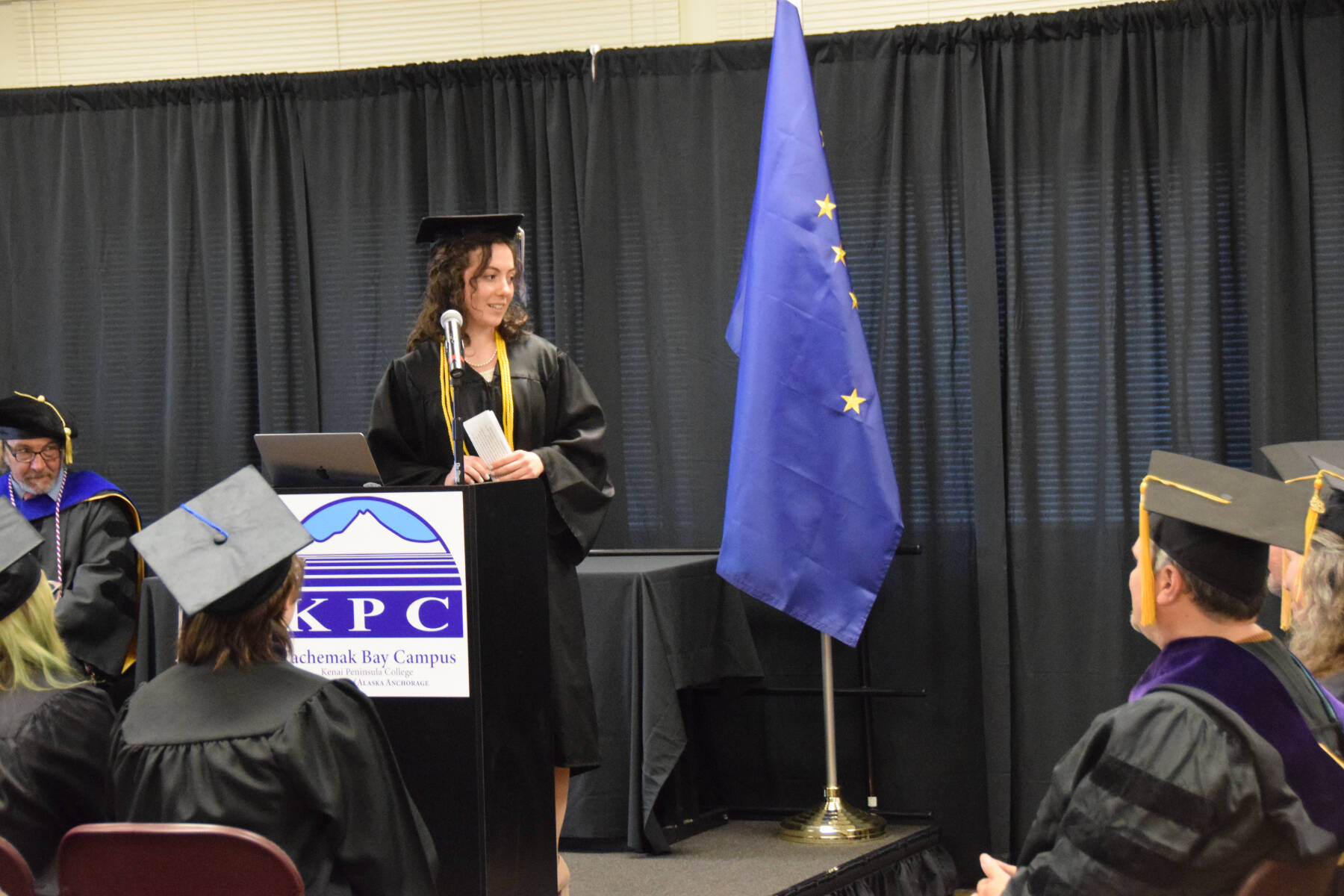 Valedictorian Elizabeth Rozeboom addresses Kachemak Bay Campus faculty and staff during her valedictorian speech during the 2023 KBC Commencement on Wednesday, May 10, 2023, in Homer, Alaska. (Photo by Delcenia Cosman/Homer News)