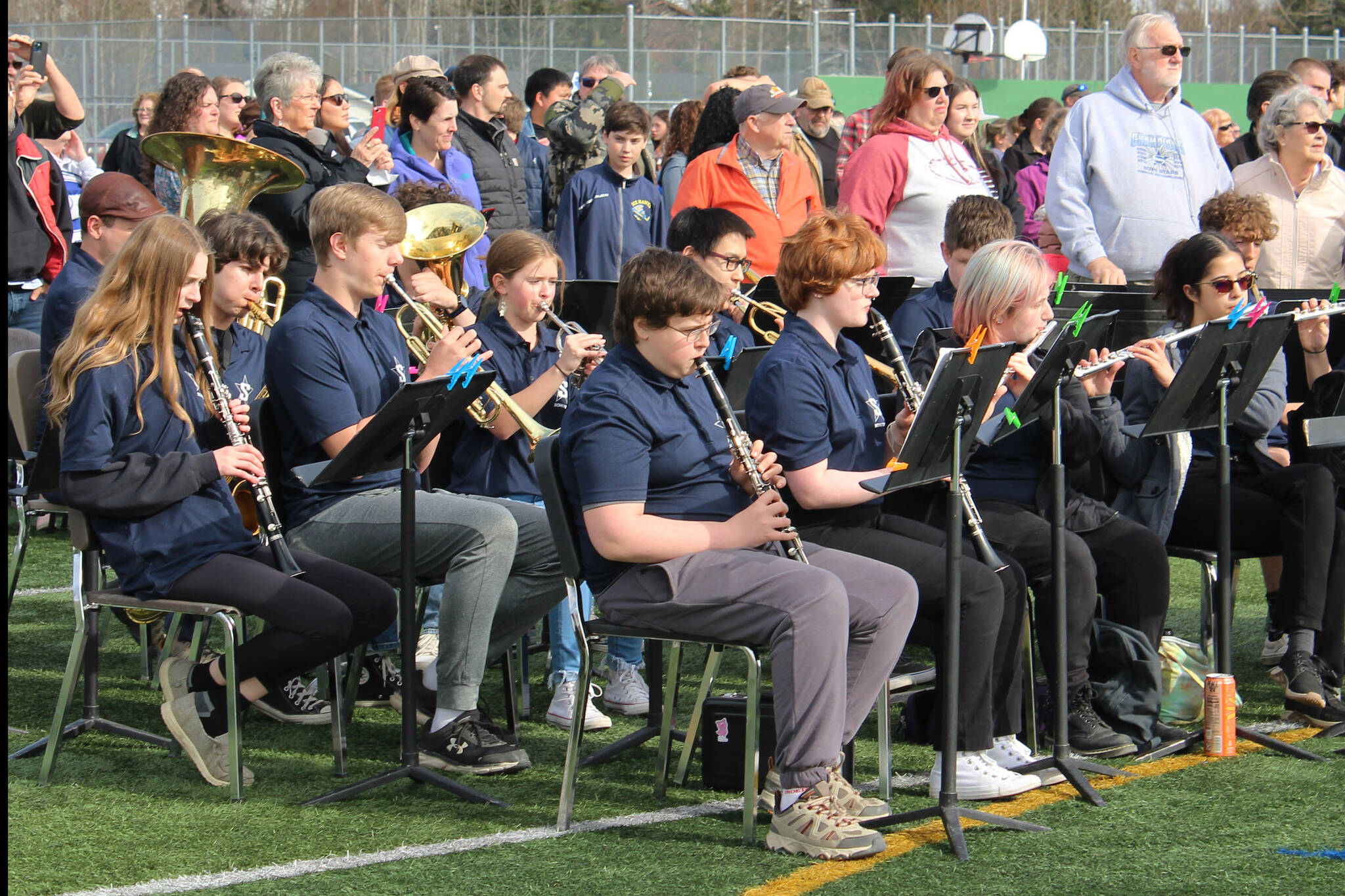 The Soldotna High School band performs during a graduation ceremony on Monday, May 15, 2023, in Soldotna, Alaska. (Ashlyn O’Hara/Peninsula Clarion)