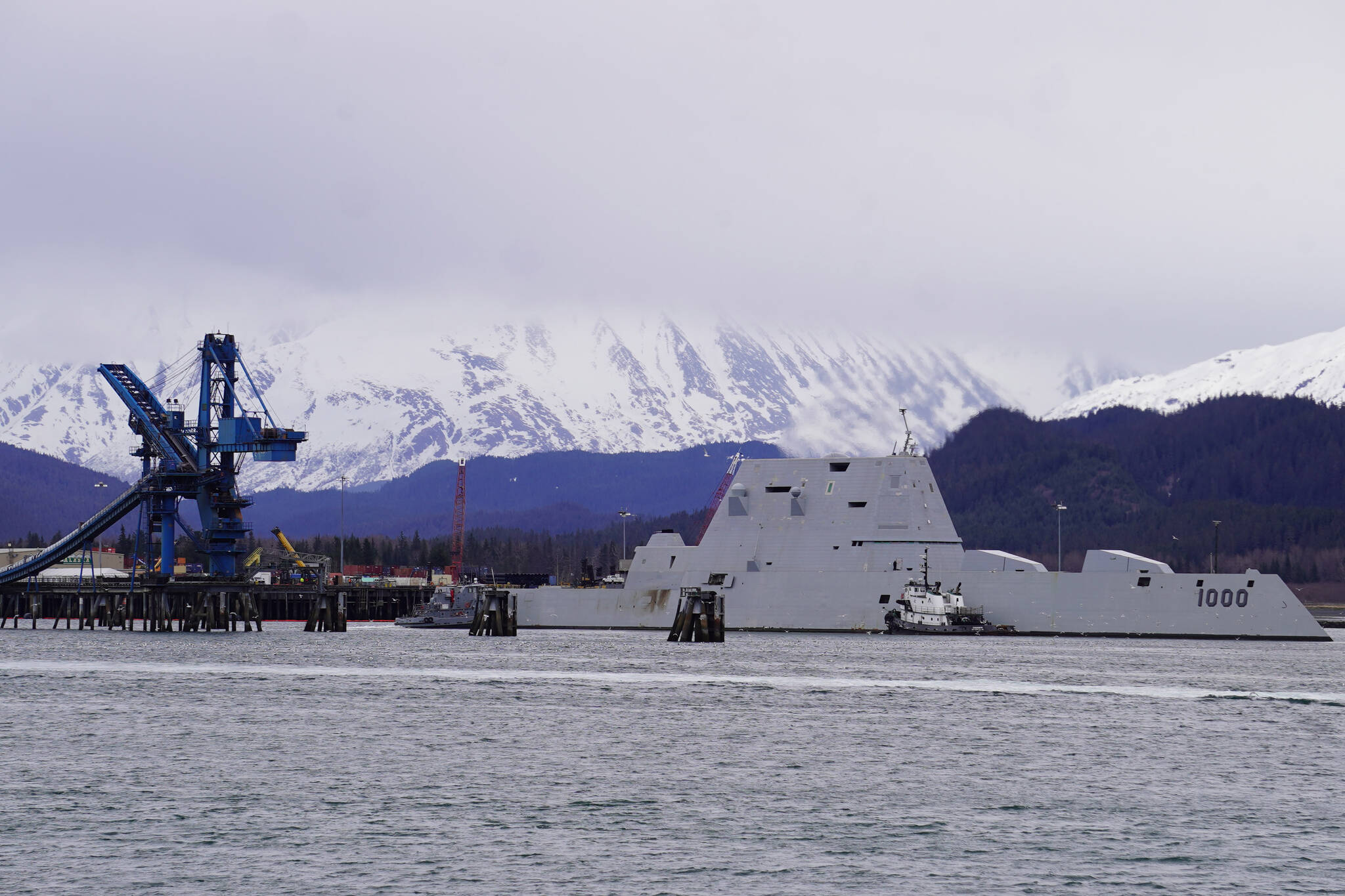 The USS Zumwalt docks in Seward, Alaska, on Friday, May 12, 2023. (Jake Dye/Peninsula Clarion)