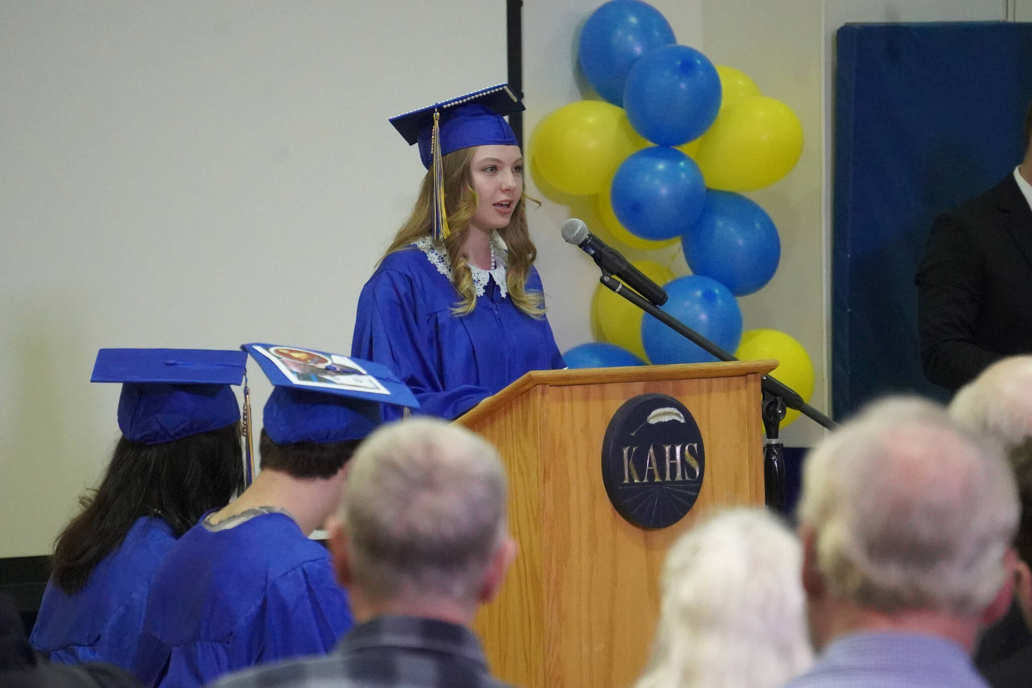 Student Speaker Tia Haukedahl delivers a speech during a graduation ceremony on Monday, May 15, 2023, at Kenai Alternative High School in Kenai, Alaska. (Jake Dye/Peninsula Clarion)