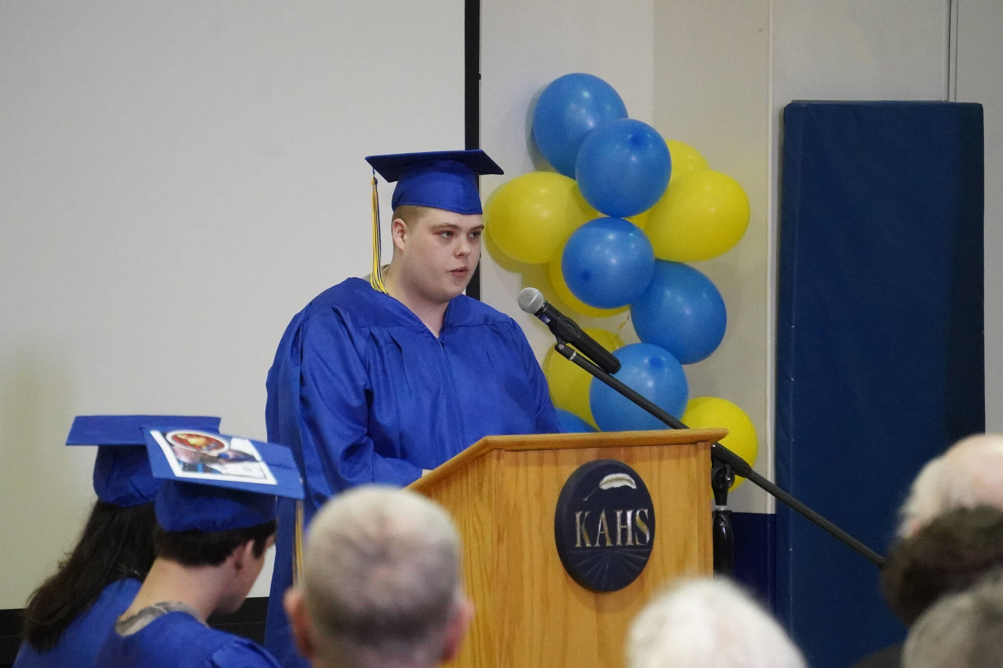 Student Speaker Shay Smith delivers a speech during a graduation ceremony on Monday, May 15, 2023, at Kenai Alternative High School in Kenai, Alaska. (Jake Dye/Peninsula Clarion)