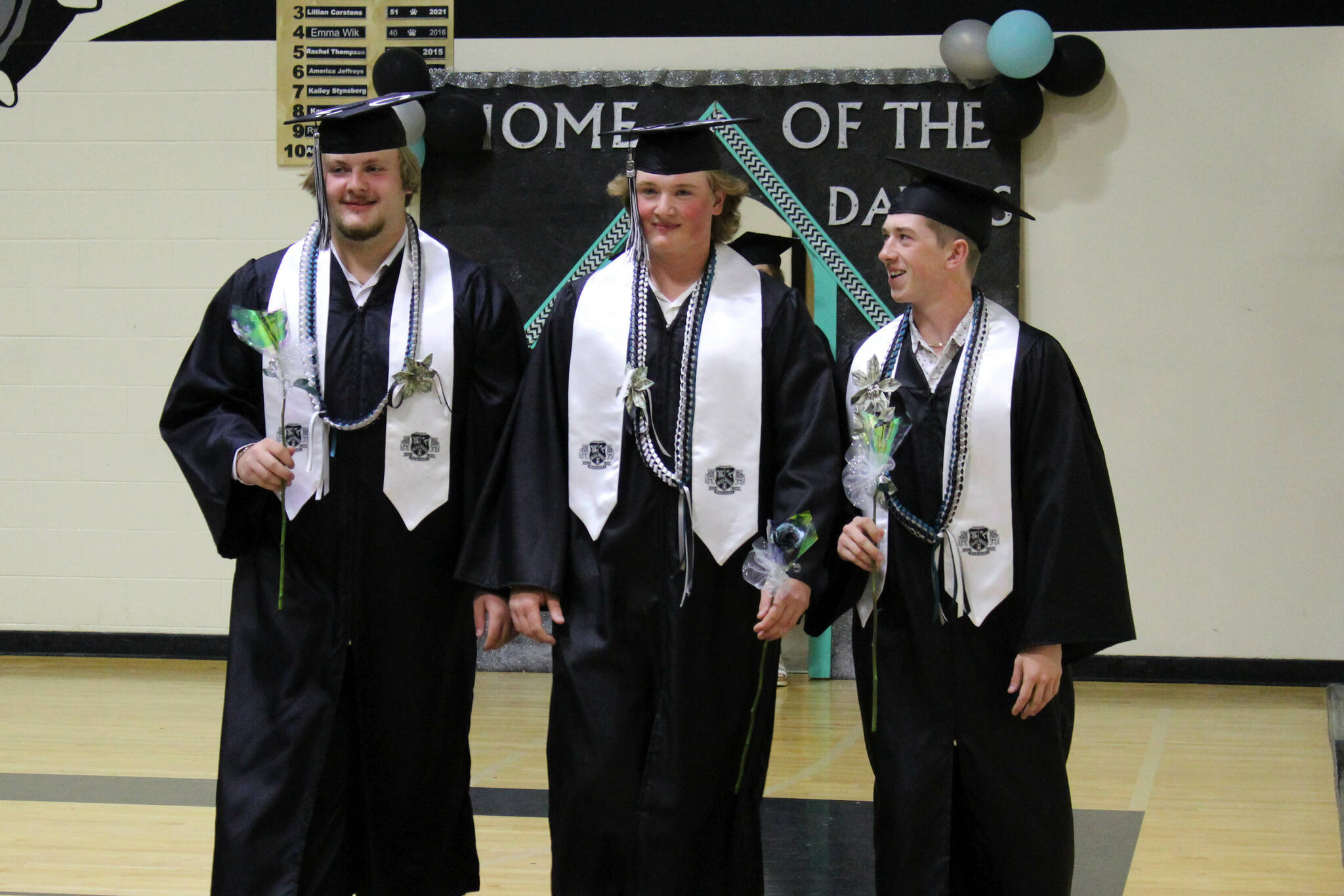 Nikiski Middle/High School graduates file into the gymnasium during their graduation ceremony on Tuesday, May 16, 2023 in Nikiski, Alaska. (Ashlyn O’Hara/Peninsula Clarion)