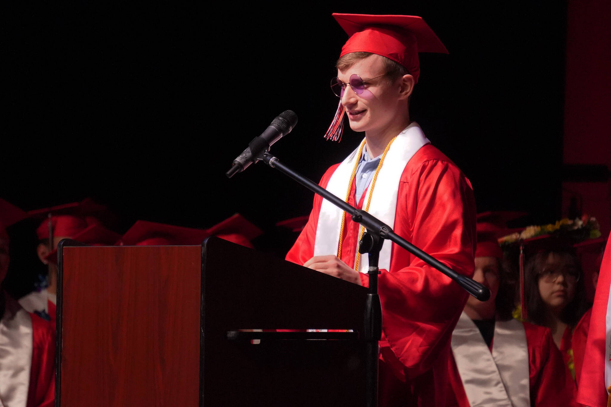 Andrew Gathle, one of the valedictorians, addresses the Kenai Central High School Class of 2023 during a graduation ceremony on Wednesday, May 17, 2023, at Kenai Central High School in Kenai, Alaska. (Jake Dye/Peninsula Clarion)