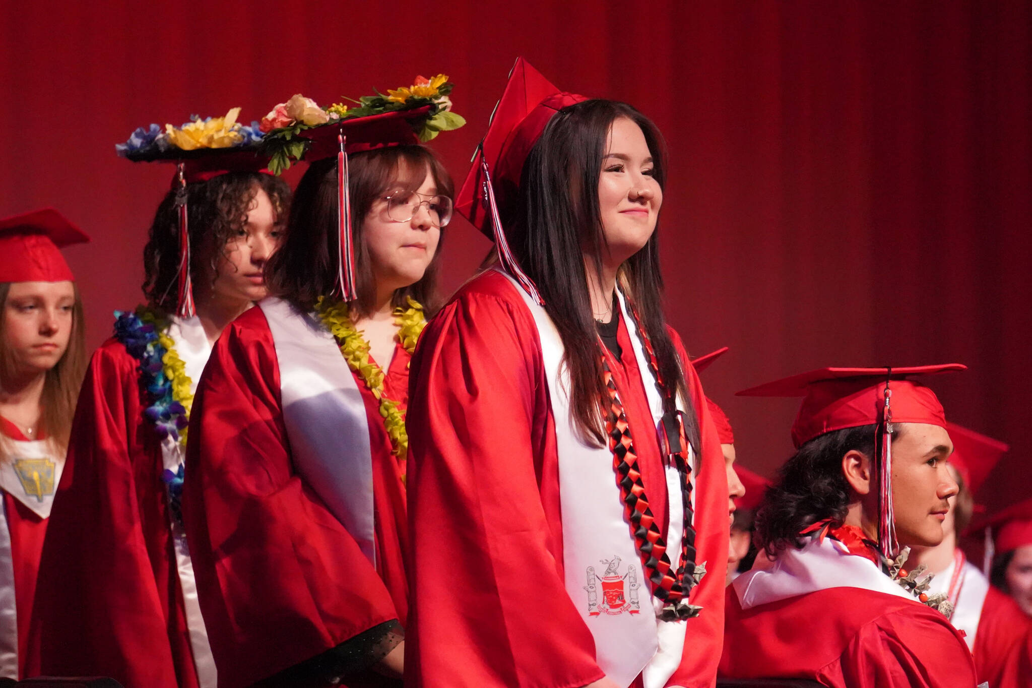 Kenai Central High School graduates wait to receive their diplomas during a graduation ceremony on Wednesday, May 17, 2023, at Kenai Central High School in Kenai, Alaska. (Jake Dye/Peninsula Clarion)