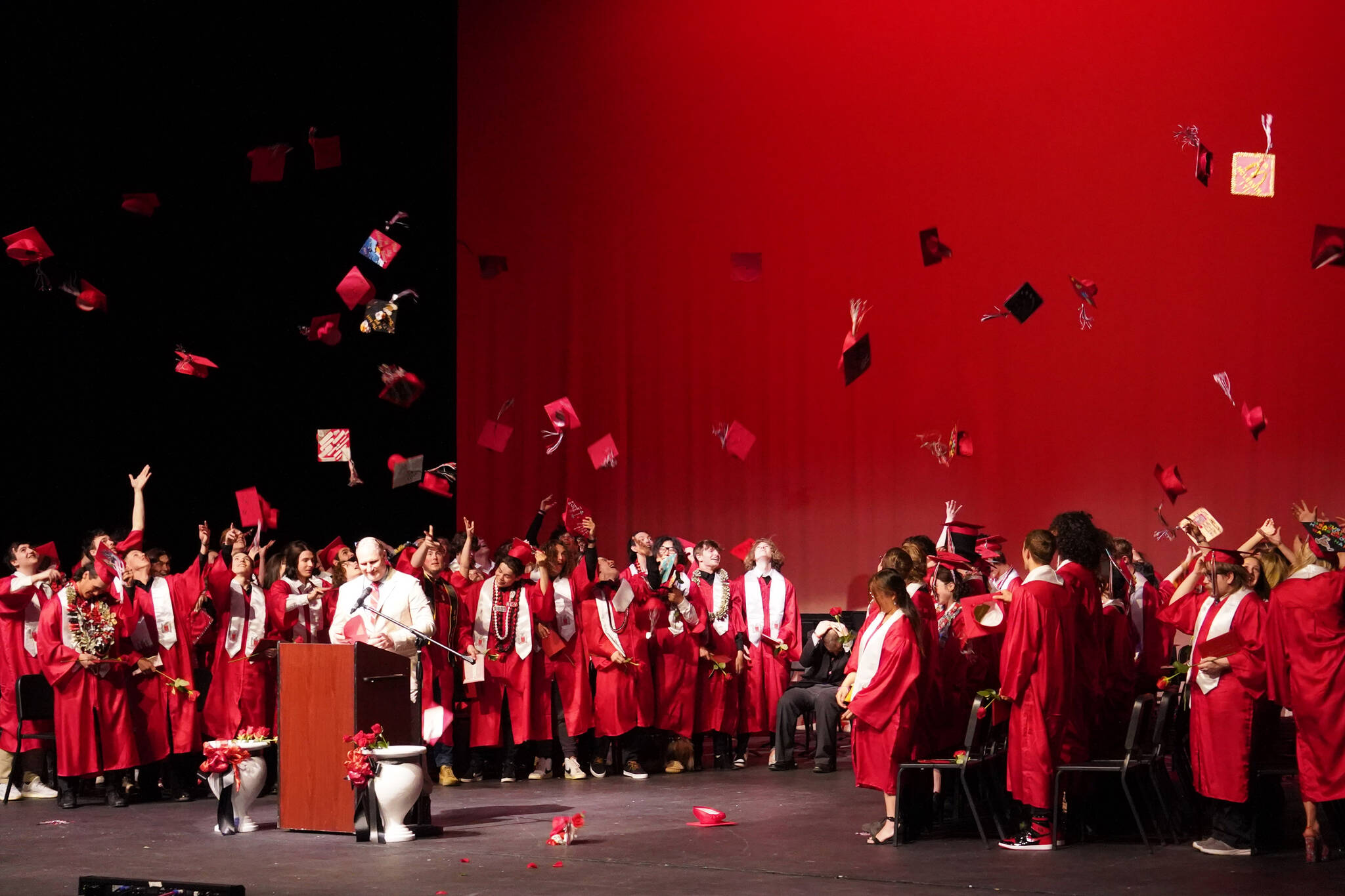 Kenai Central High School graduates celebrate after their graduation ceremony on Wednesday, May 17, 2023, at Kenai Central High School in Kenai, Alaska. (Jake Dye/Peninsula Clarion)