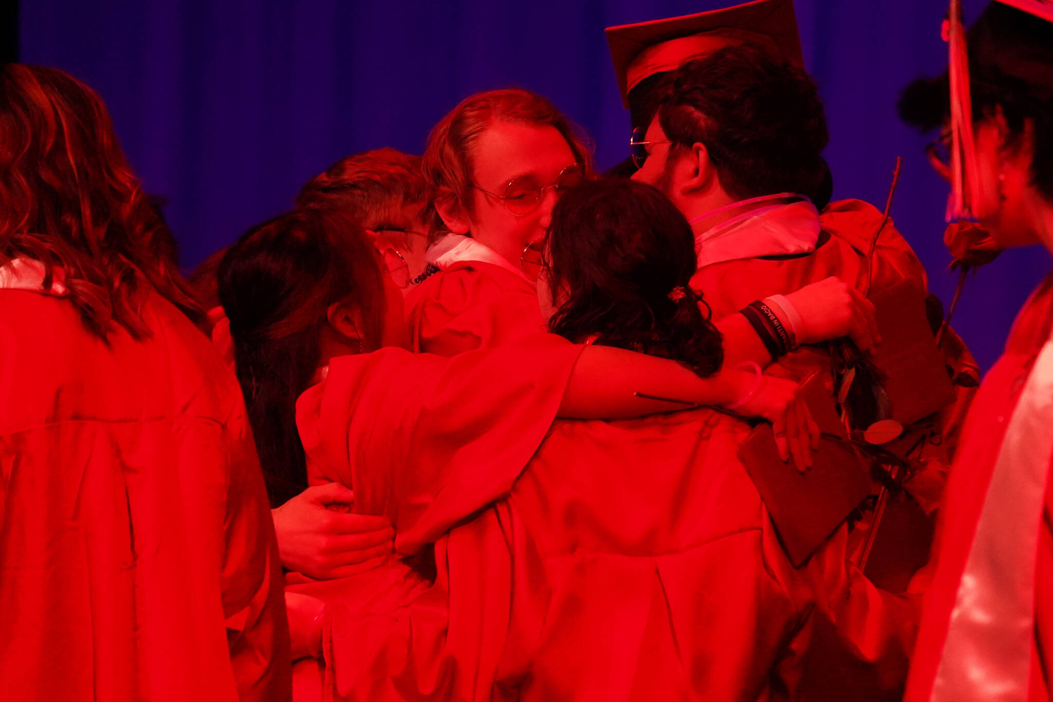 Kenai Central High School graduates celebrate after their graduation ceremony on Wednesday, May 17, 2023, at Kenai Central High School in Kenai, Alaska. (Jake Dye/Peninsula Clarion)