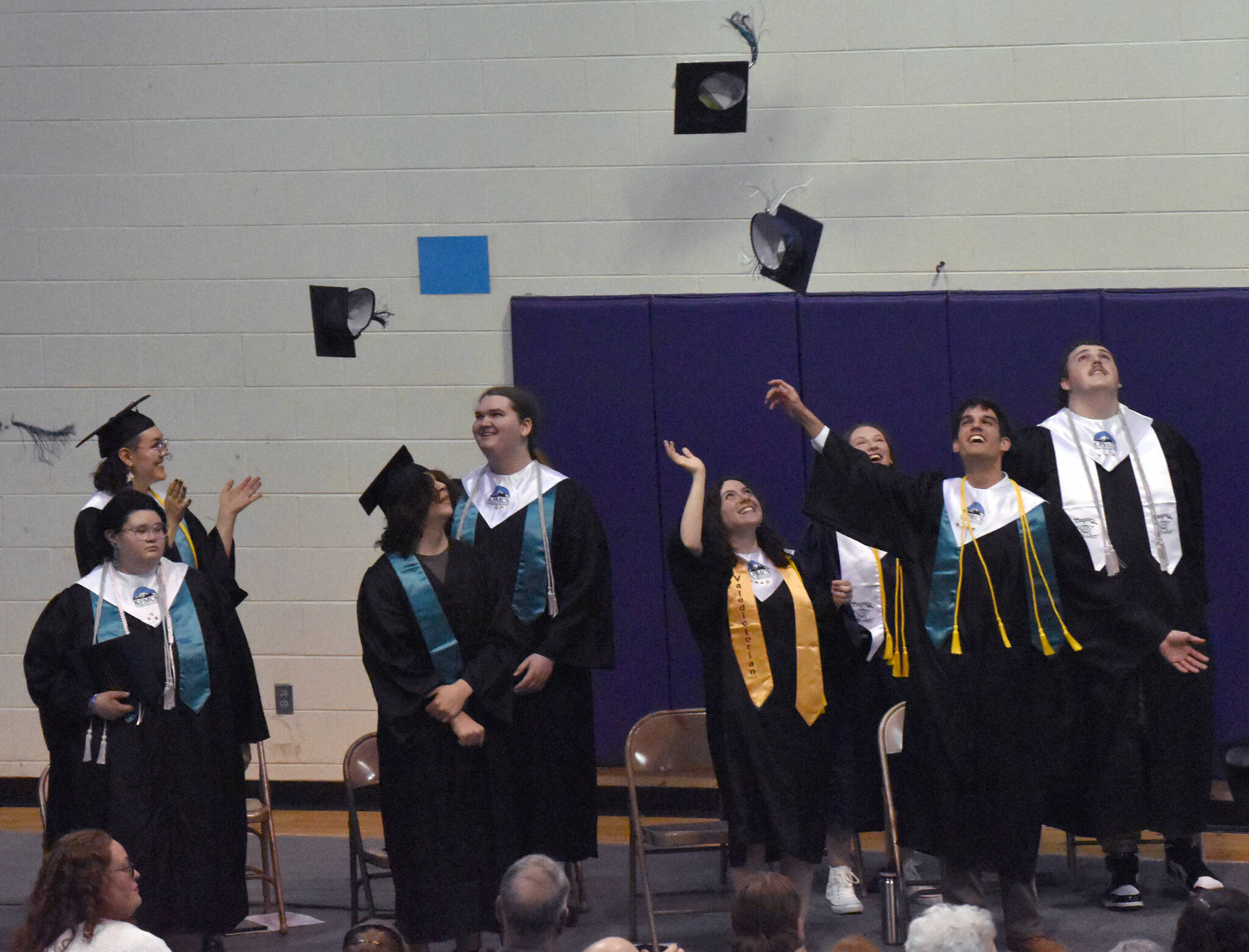 River City Academy graduates celebrate Wednesday, May 17, 2023, at River City Academy inside Skyview Middle School just outside of Soldotna, Alaska. (Photo by Jeff Helminiak/Peninsula Clarion)