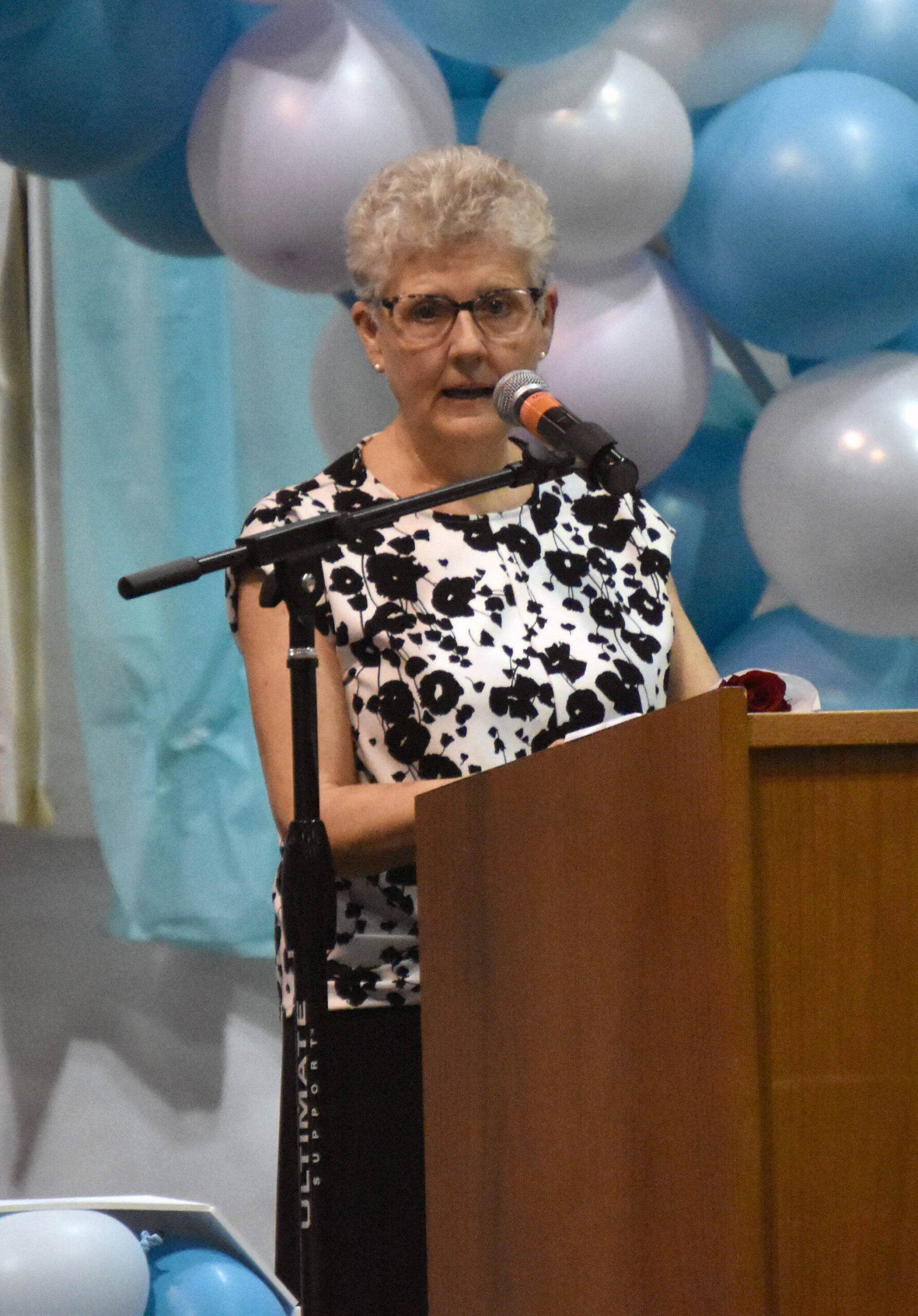 LaDawn Druce, school counselor at River City Academy, was the guest speaker at the River City Academy graduation Wednesday, May 17, 2023, at River City Academy inside Skyview Middle School just outside of Soldotna, Alaska. (Photo by Jeff Helminiak/Peninsula Clarion)