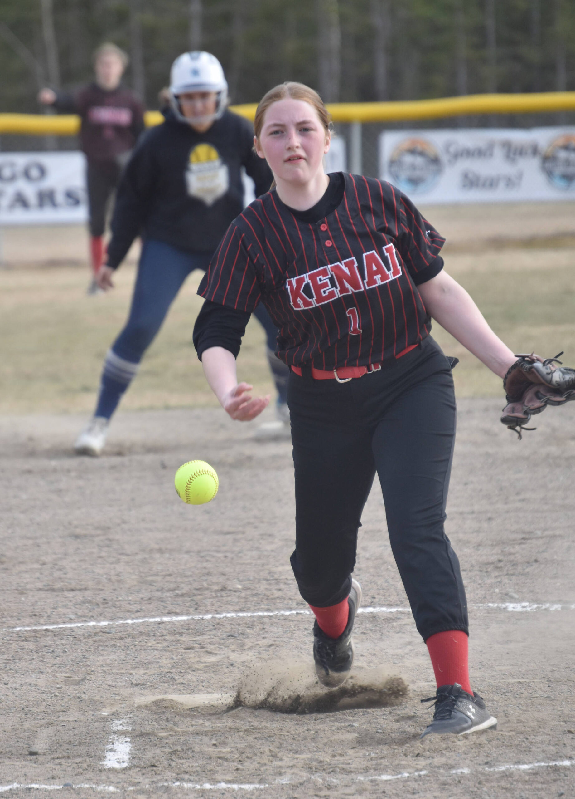 Kenai Central pitcher Avery Ellis delivers to Soldotna on Thursday, May 18, 2023, at the Soldotna Little League fields in Soldotna, Alaska. (Photo by Jeff Helminiak/Peninsula Clarion)