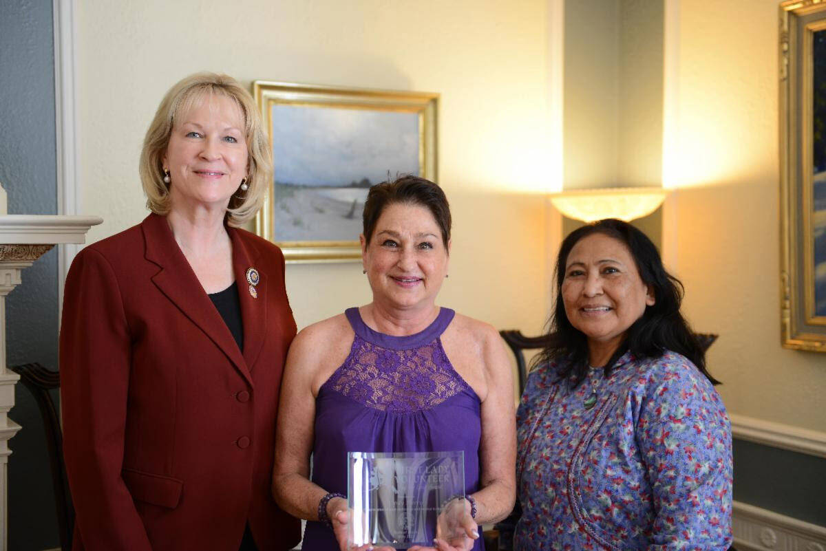 Lt. Gov. Nancy Dahlstrom, Cindy Harris and first lady Rose Dunleavy stand for a photo at a ceremonial luncheon at the Governor’s Residence in Juneau, Alaska. (Photo courtesy Office of the Governor)