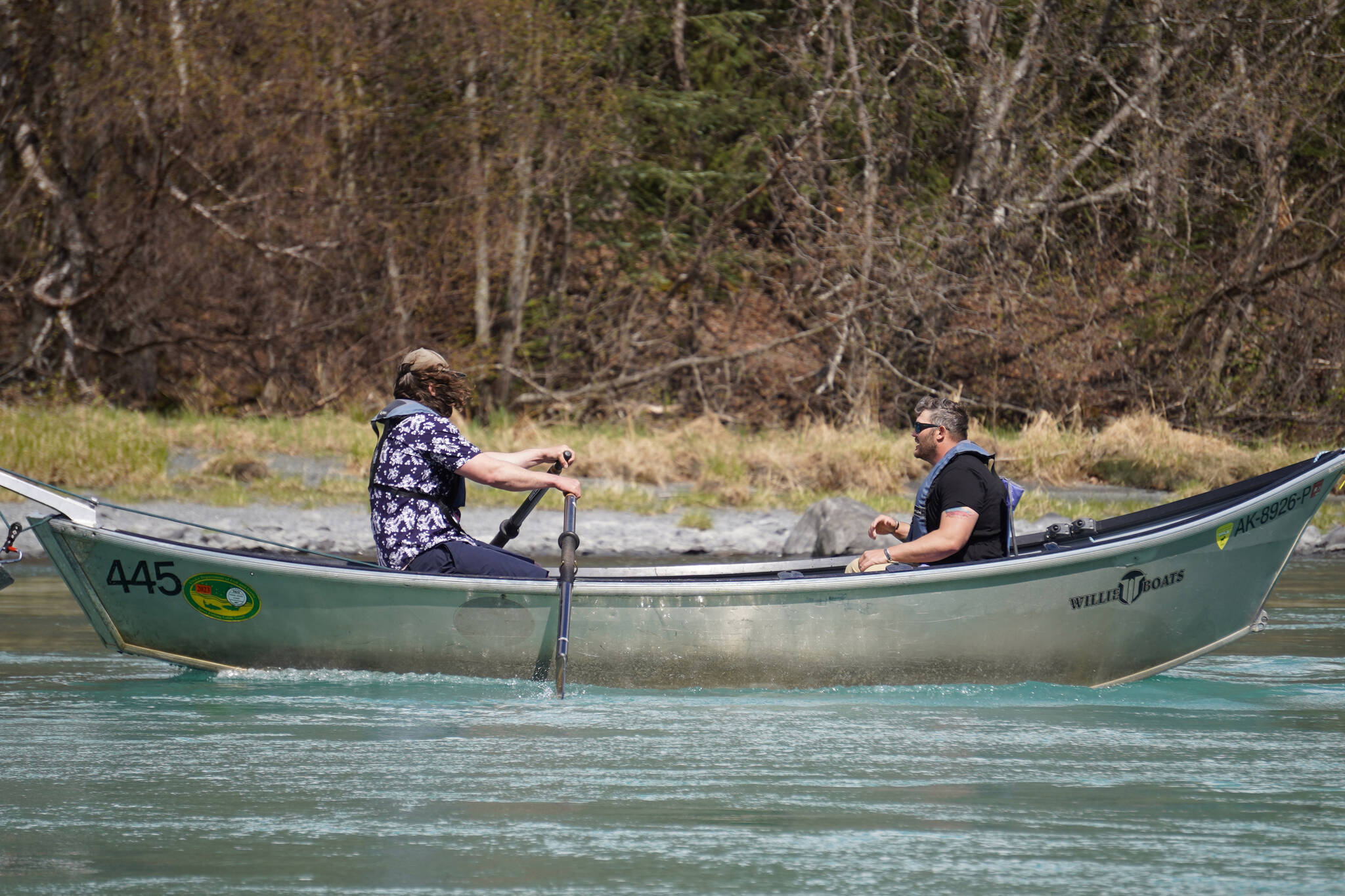 Contestants race down the Kenai River during the 16th Annual Cooper Landing Drift Boat Regatta near the Kenai Princess Wilderness Lodge in Cooper Landing, Alaska, on Saturday, May 20, 2023. (Jake Dye/Peninsula Clarion)