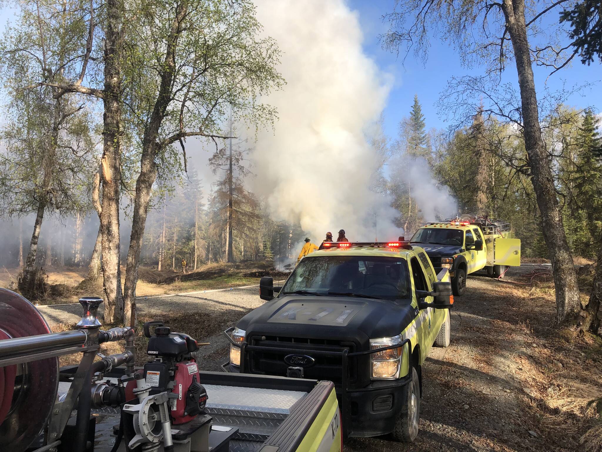 Division of Forestry & Fire Protection engines responding to the Charland Fire on May 21, 2023, near Soldotna. (Photo courtesy Kenai-Kodiak DOF)