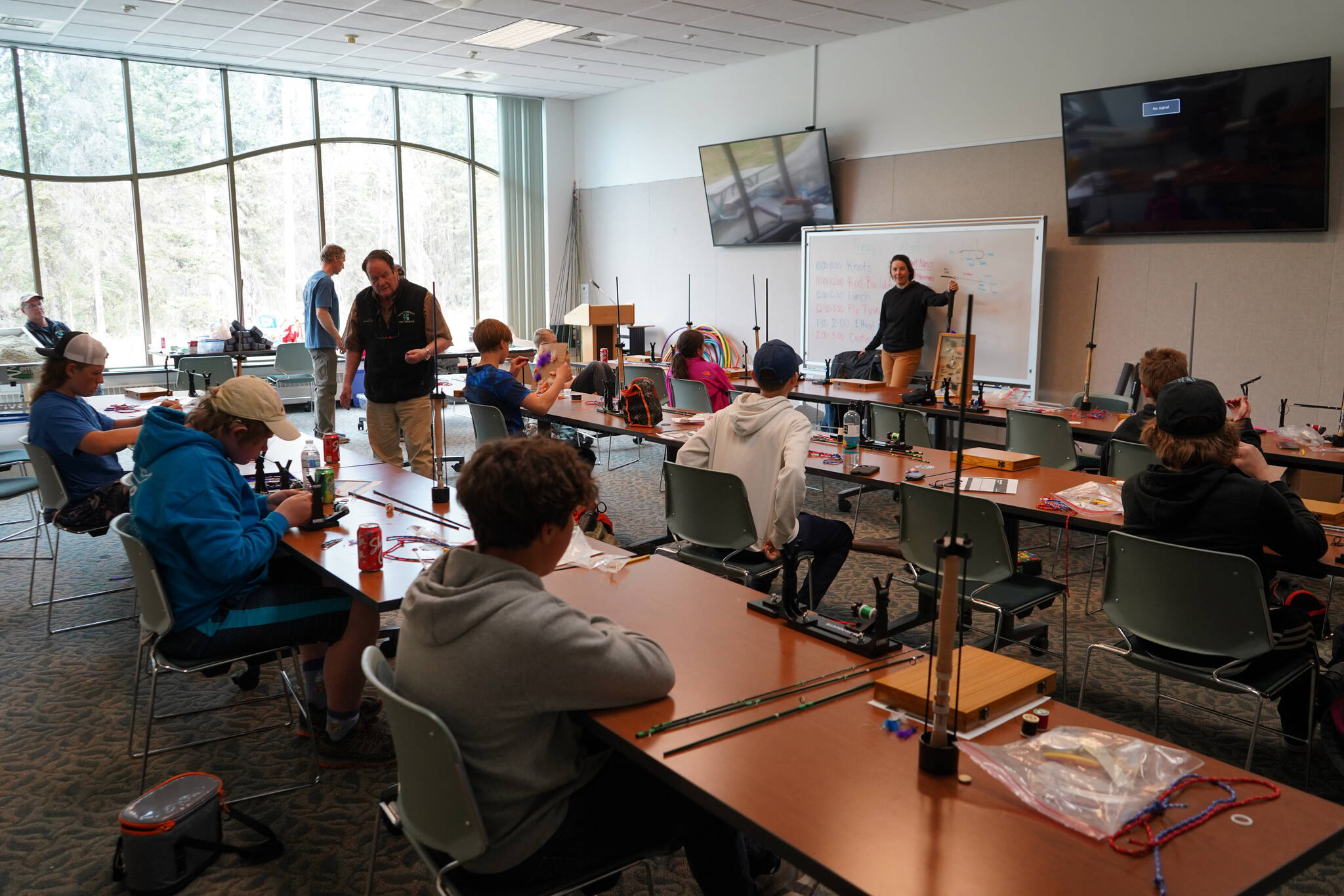 Middle schoolers participate in a discussion of ethical angling practices during a kids camp put on by Trout Unlimited at the Donald E. Gilman Kenai River Center in Soldotna, Alaska, on Wednesday, May 24, 2023. (Jake Dye/Peninsula Clarion)