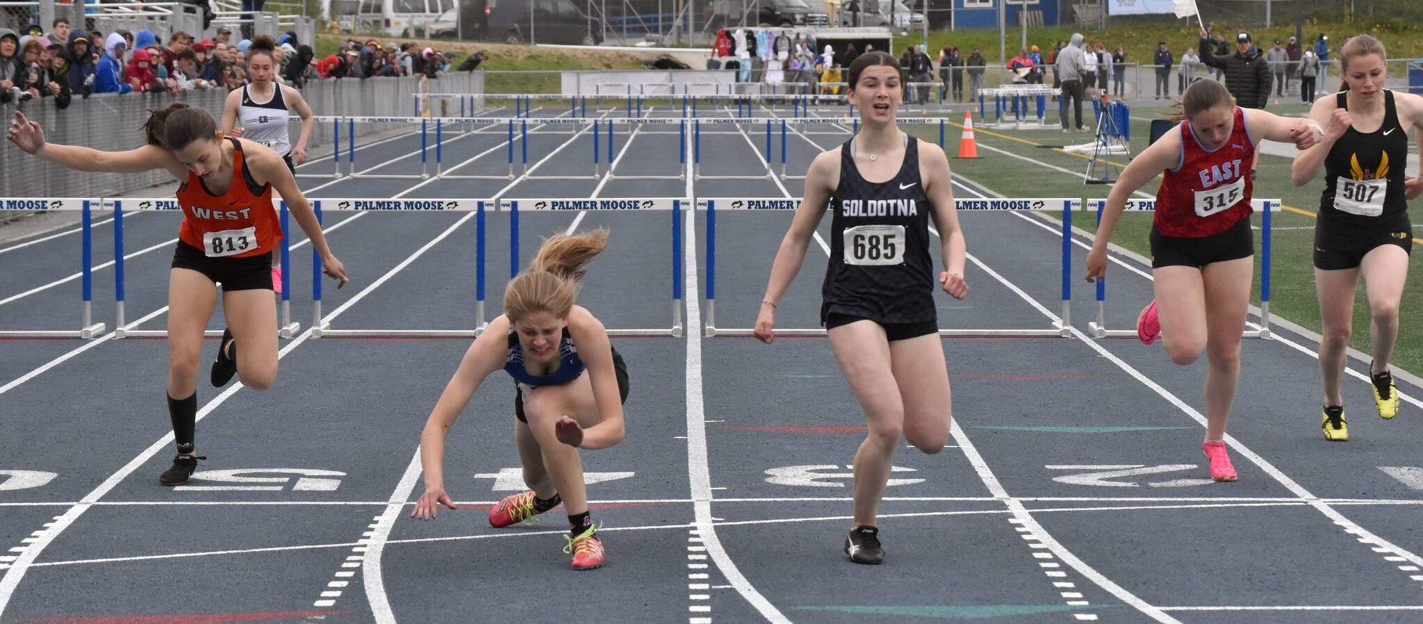 Soldotna’s Anaulie Sedivy wins the Division I 300-meter hurdles Saturday, May 27, 2023, at the state track and field meet at Palmer High School in Palmer, Alaska. (Photo by Jeff Helminiak/Peninsula Clarion)
