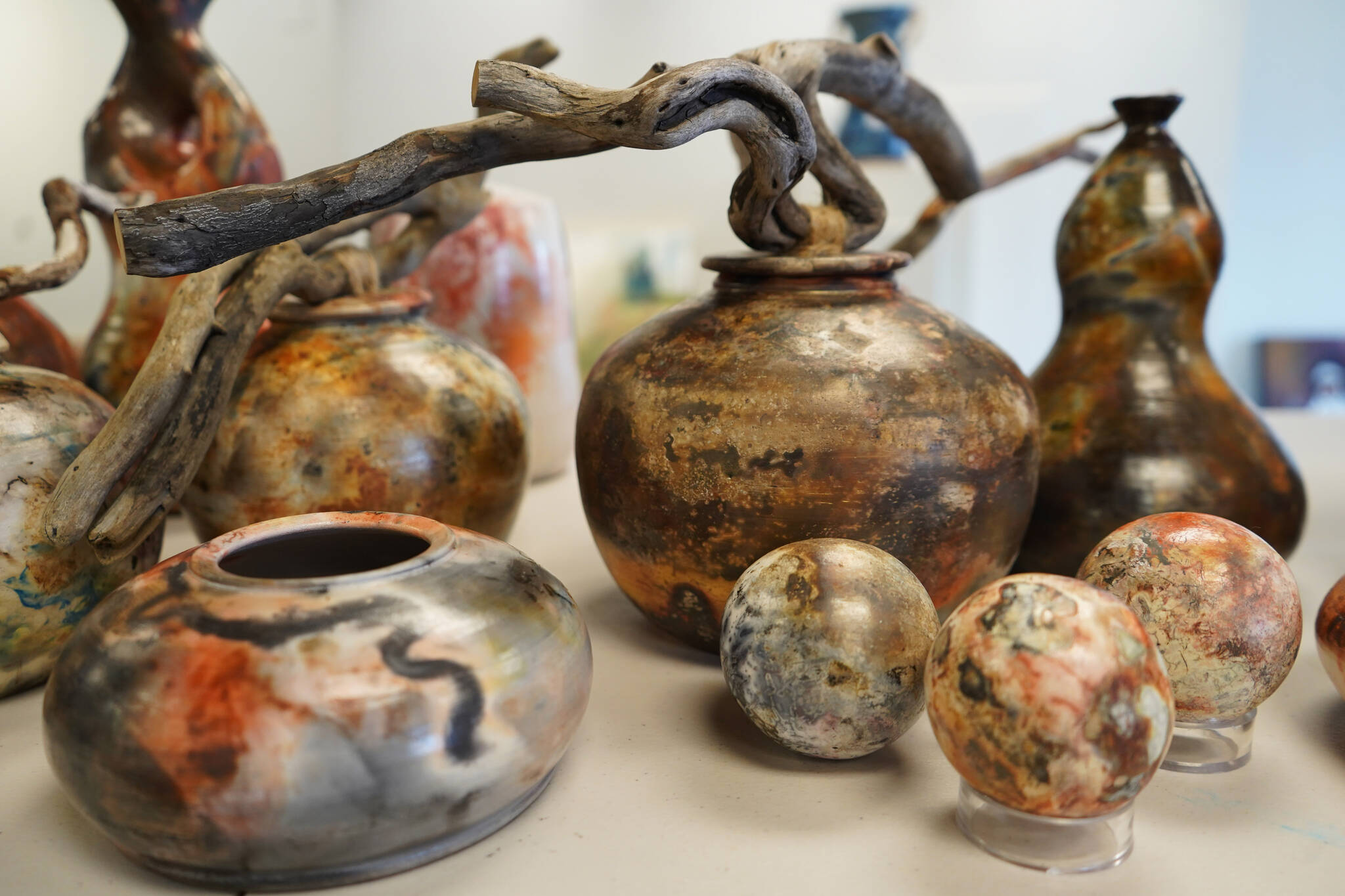 Several sculptures by Shannon Olds wait to be placed as part of “Making Her Mark,” the June show at the Kenai Art Center in Kenai, Alaska, on Tuesday, May 30, 2023. (Jake Dye/Peninsula Clarion)