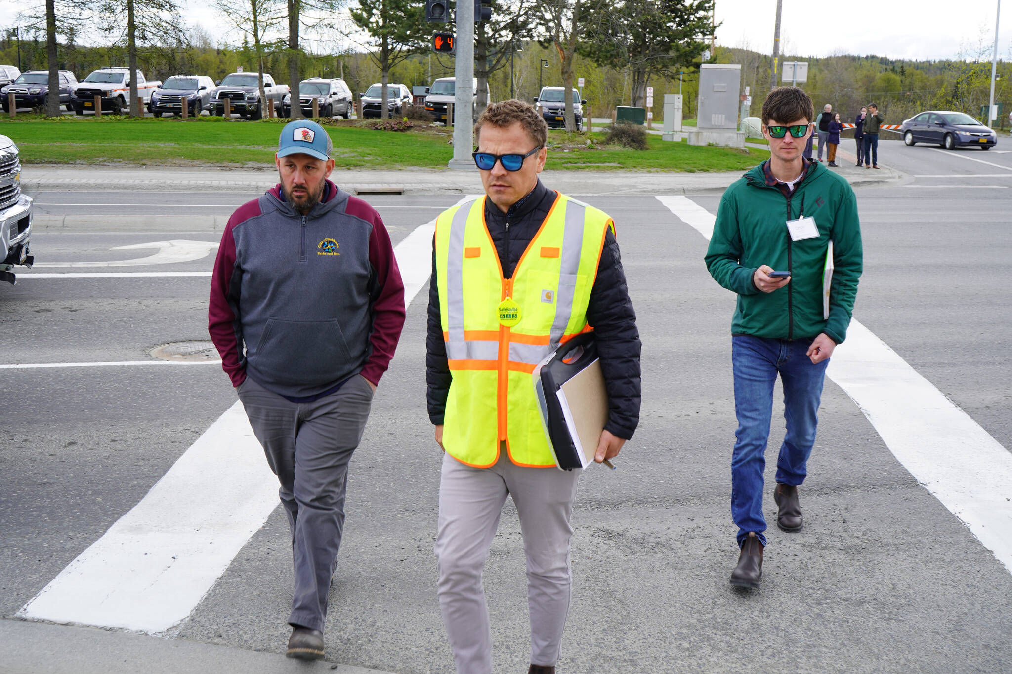 Transportation professionals tour the Sterling Highway and Birch Avenue intersection in Soldotna, Alaska, on Monday, May 22, 2023. (Jake Dye/Peninsula Clarion)