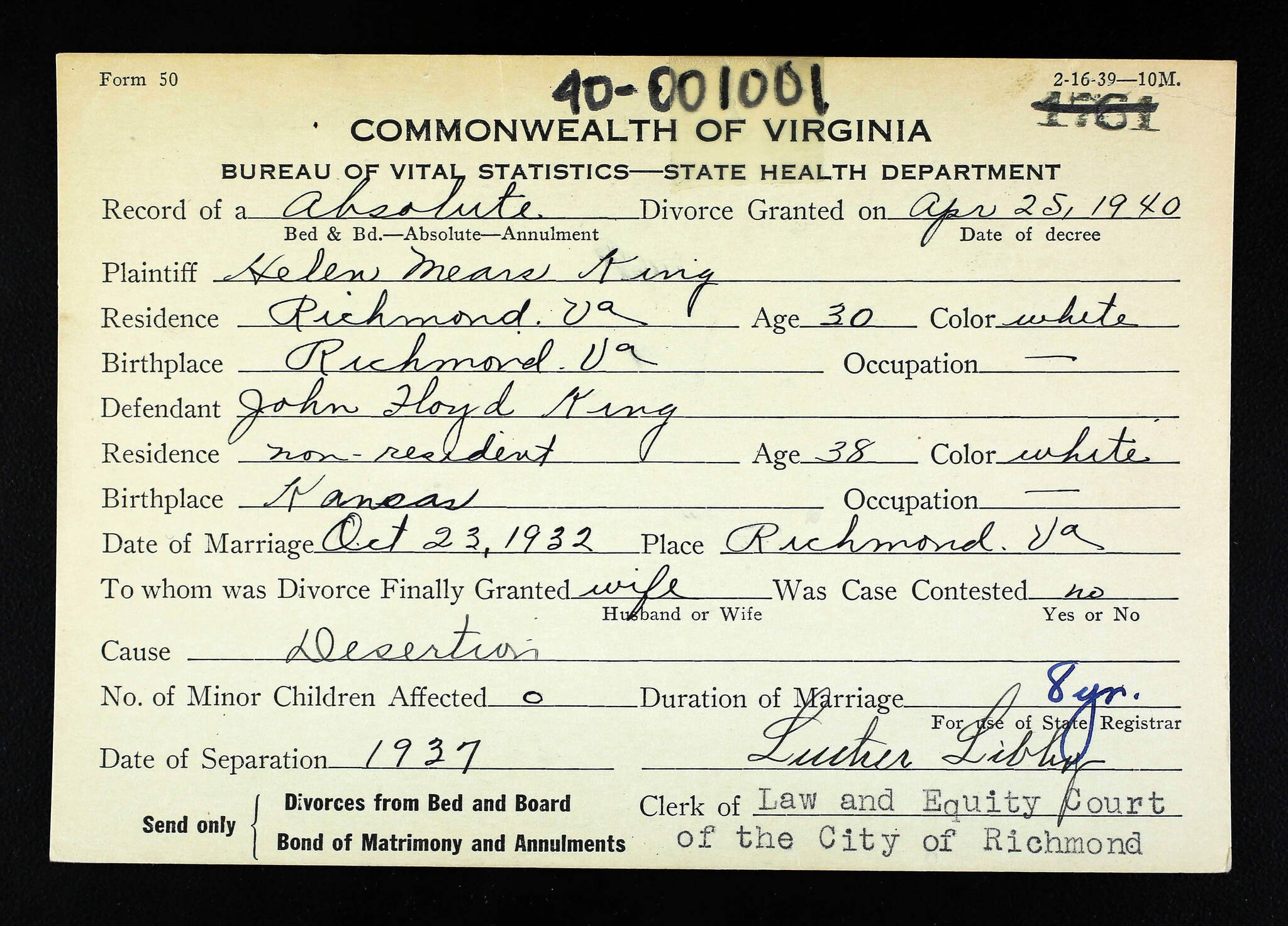 This April 1940 form from the Law and Equity Court in Richmond, Virginia, lays out the basic details of Helen Mears King’s divorce from her husband, John Floyd King.