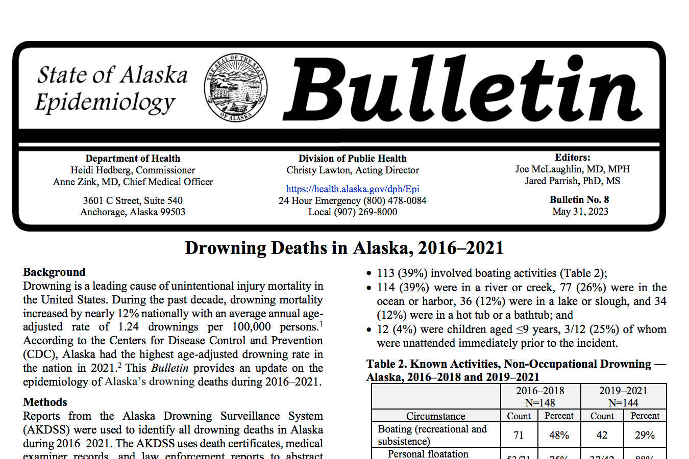 An Epidemiology Bulletin titled “Drowning Deaths in Alaska, 2016-2021” published Wednesday, May 31, 2023. (Screenshot)