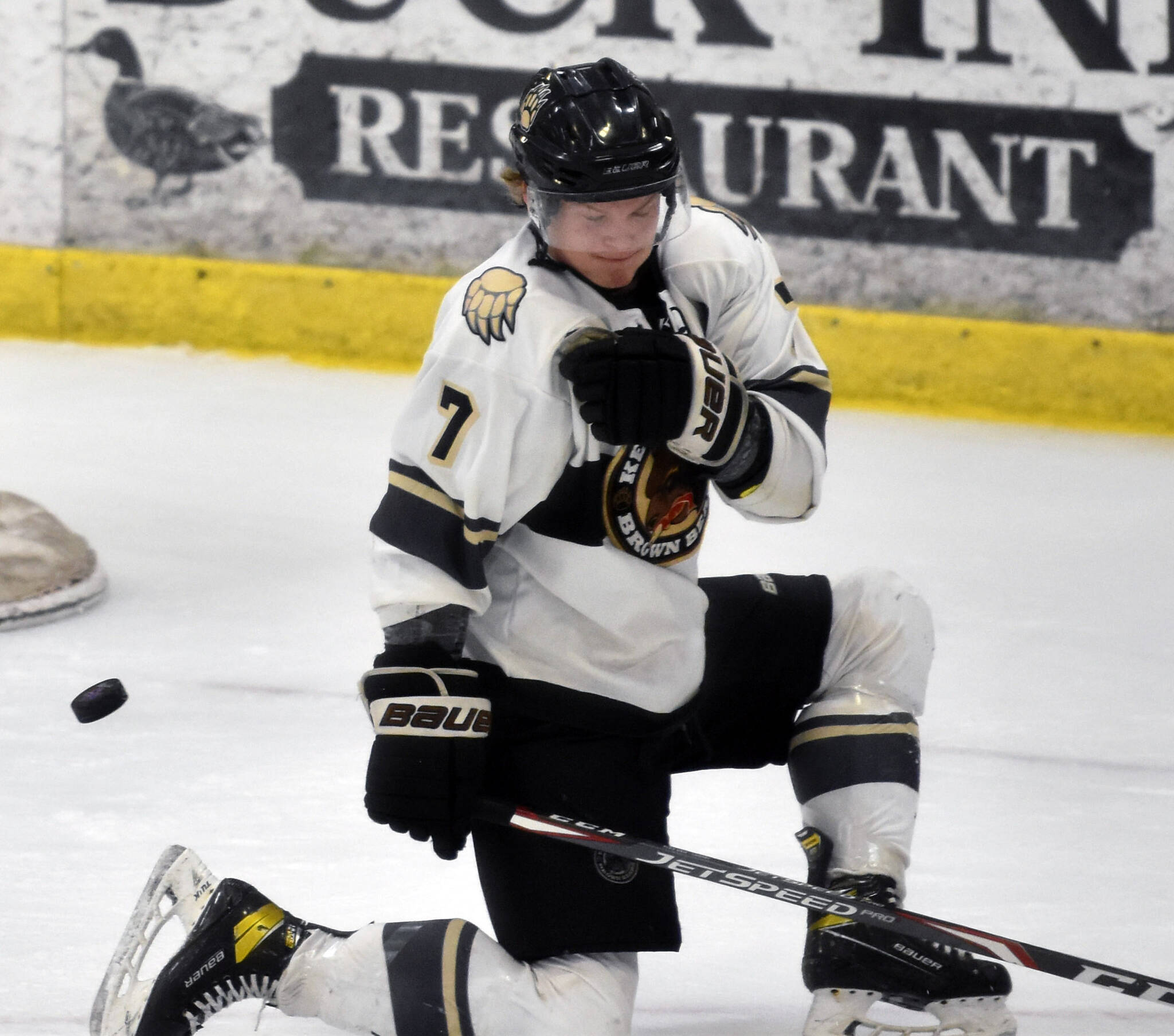 Kenai River Brown Bears defenseman Ben Monson blocks a shot against the Janesville (Wisconsin) Jets on Saturday, Feb. 25, 2023, at the Soldotna Regional Sports Complex in Soldotna, Alaska. (Photo by Jeff Helminiak/Peninsula Clarion)