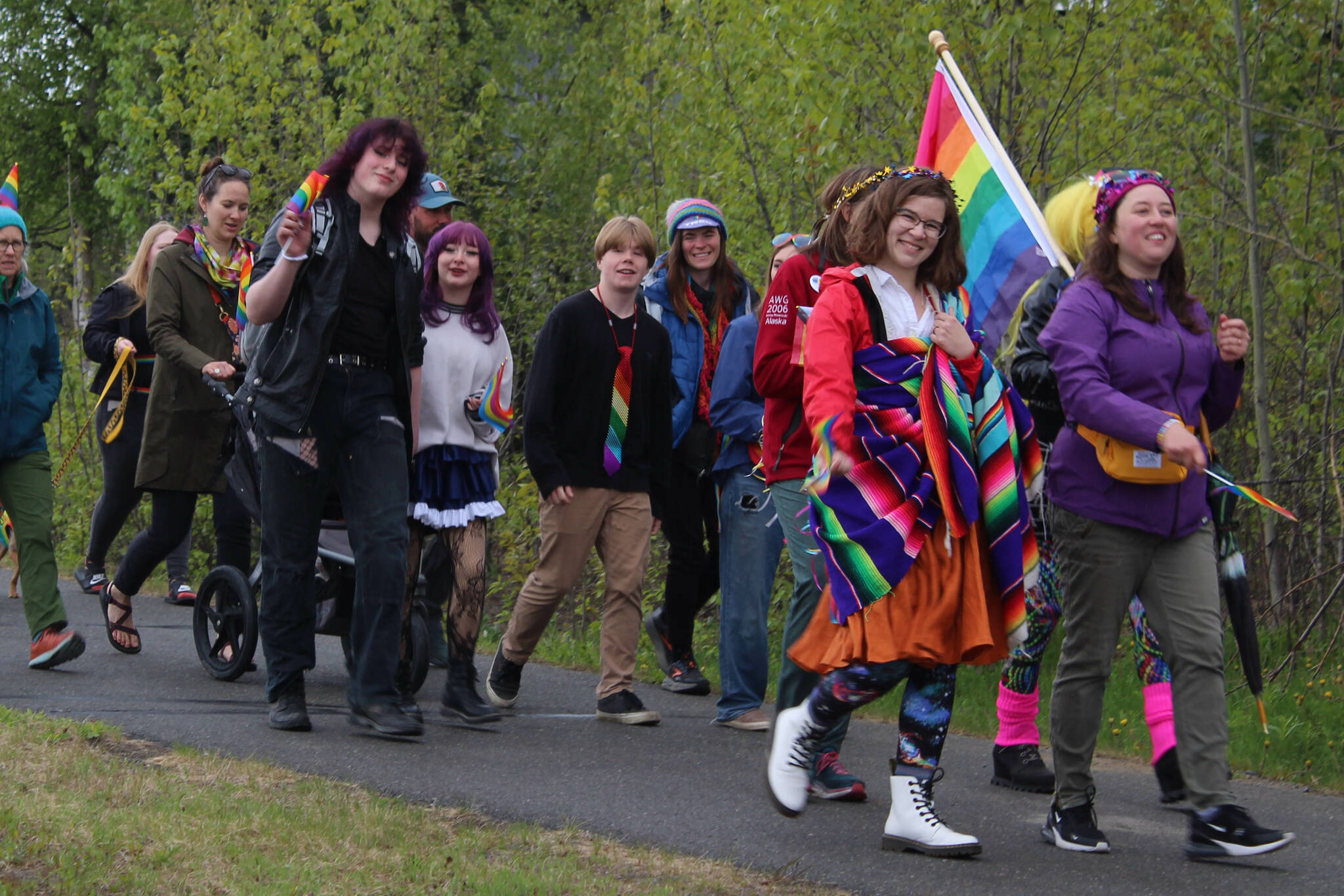 Marchers walk from the Soldotna Regional Sports Complex to Soldotna Creek Park as part of Soldotna Pride in the Park on Saturday, June 3, 2023 in Soldotna, Alaska. (Ashlyn O’Hara/Peninsula Clarion)