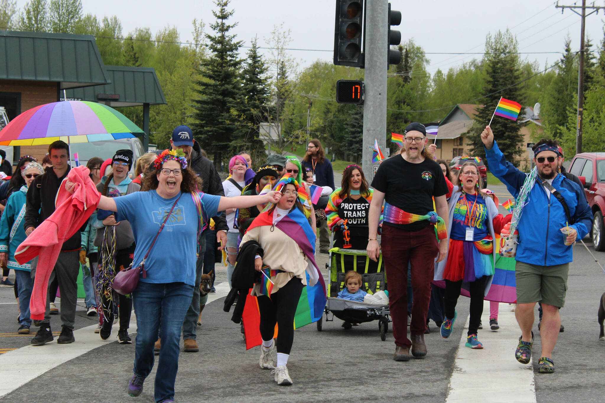 Marchers arrive at Soldotna Creek Park as part of Soldotna Pride in the Park on Saturday, June 3, 2023 in Soldotna, Alaska. (Ashlyn O’Hara/Peninsula Clarion)