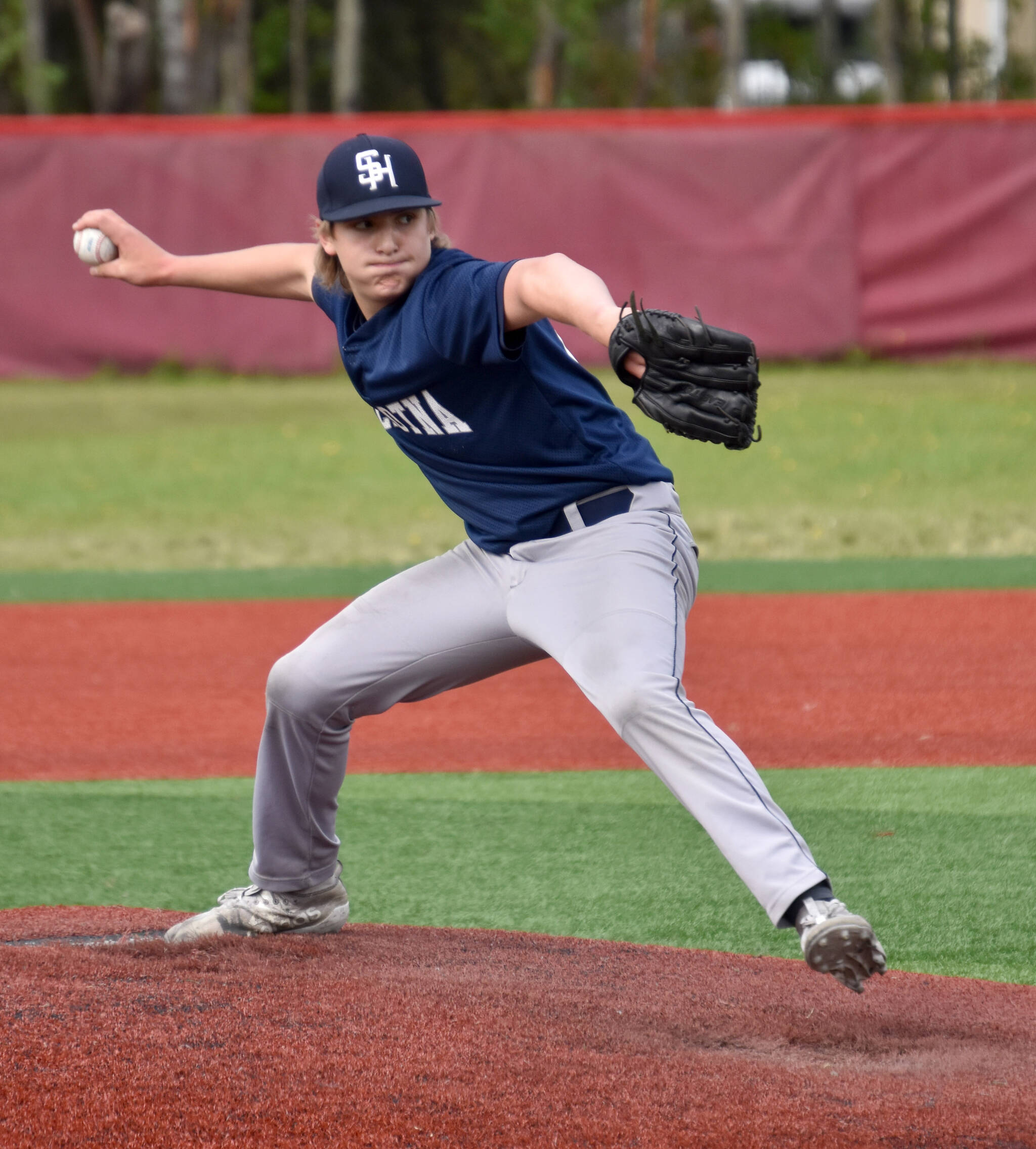 Soldotna’s Trenton Ohnemus delivers to Kenai Central in the Division II state championship game Saturday, June 4, 2023, at Wasilla High School in Wasilla, Alaska. (Photo by Jeff Helminiak/Peninsula Clarion)