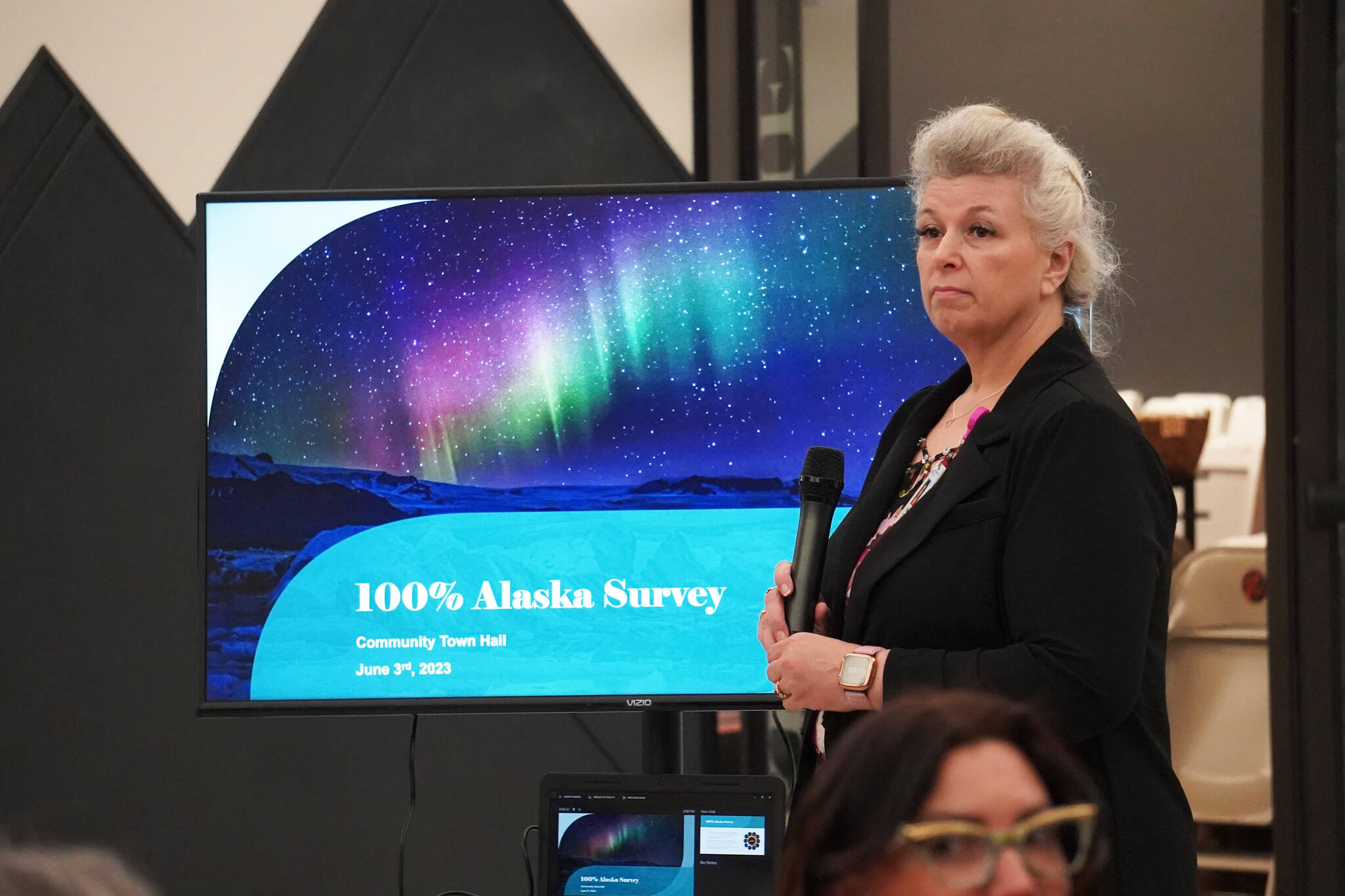 Change 4 The Kenai Coalition Director Shari Conner speaks during the 100% Alaska Community Town Hall on Saturday, June 3, 2023, at Peninsula Center Mall in Soldotna, Alaska. (Jake Dye/Peninsula Clarion)