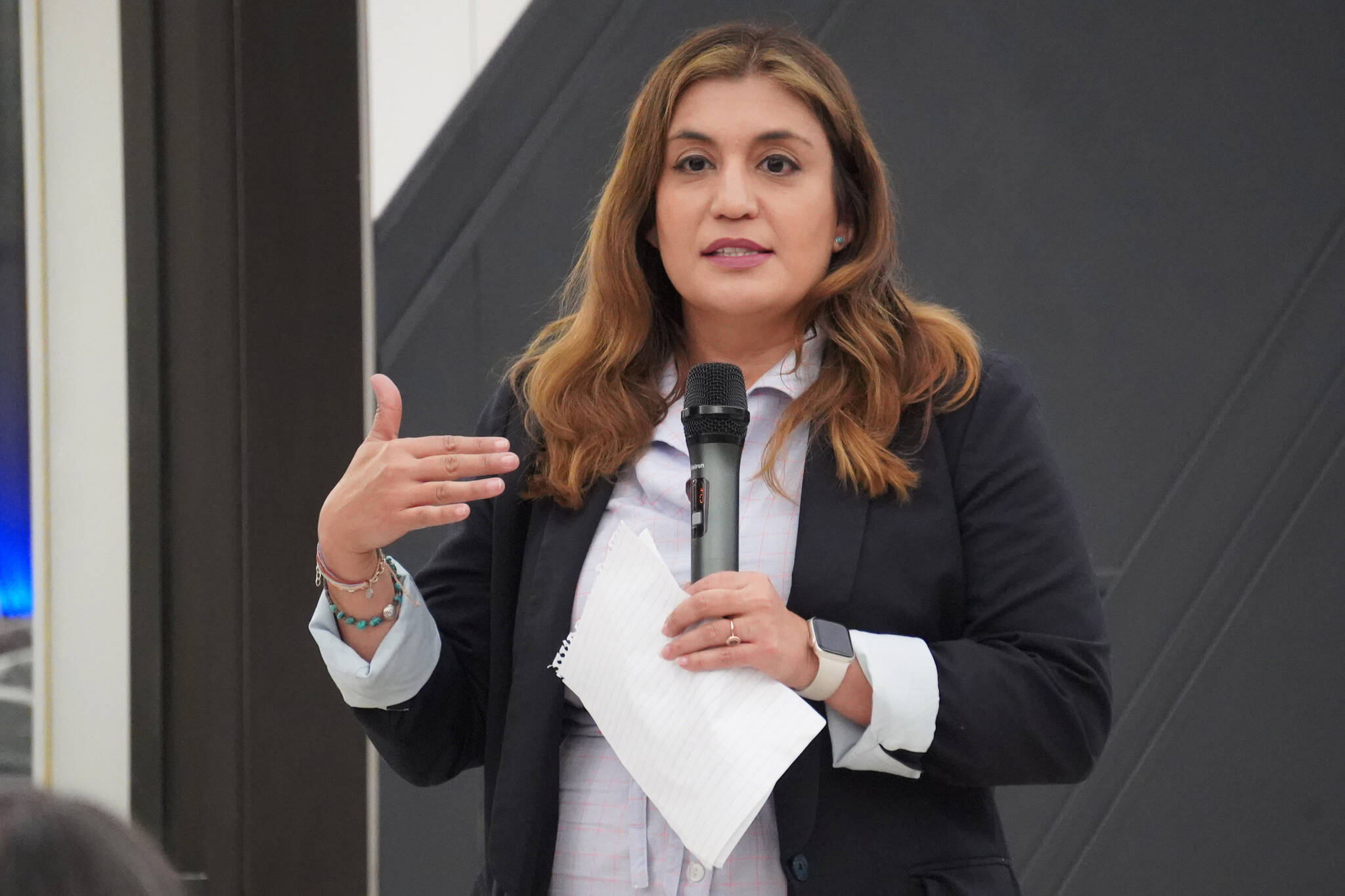 Dr. Katherine Ortega Courtney speaks during the 100% Alaska Community Town Hall on Saturday, June 3, 2023, at Peninsula Center Mall in Soldotna, Alaska. (Jake Dye/Peninsula Clarion)