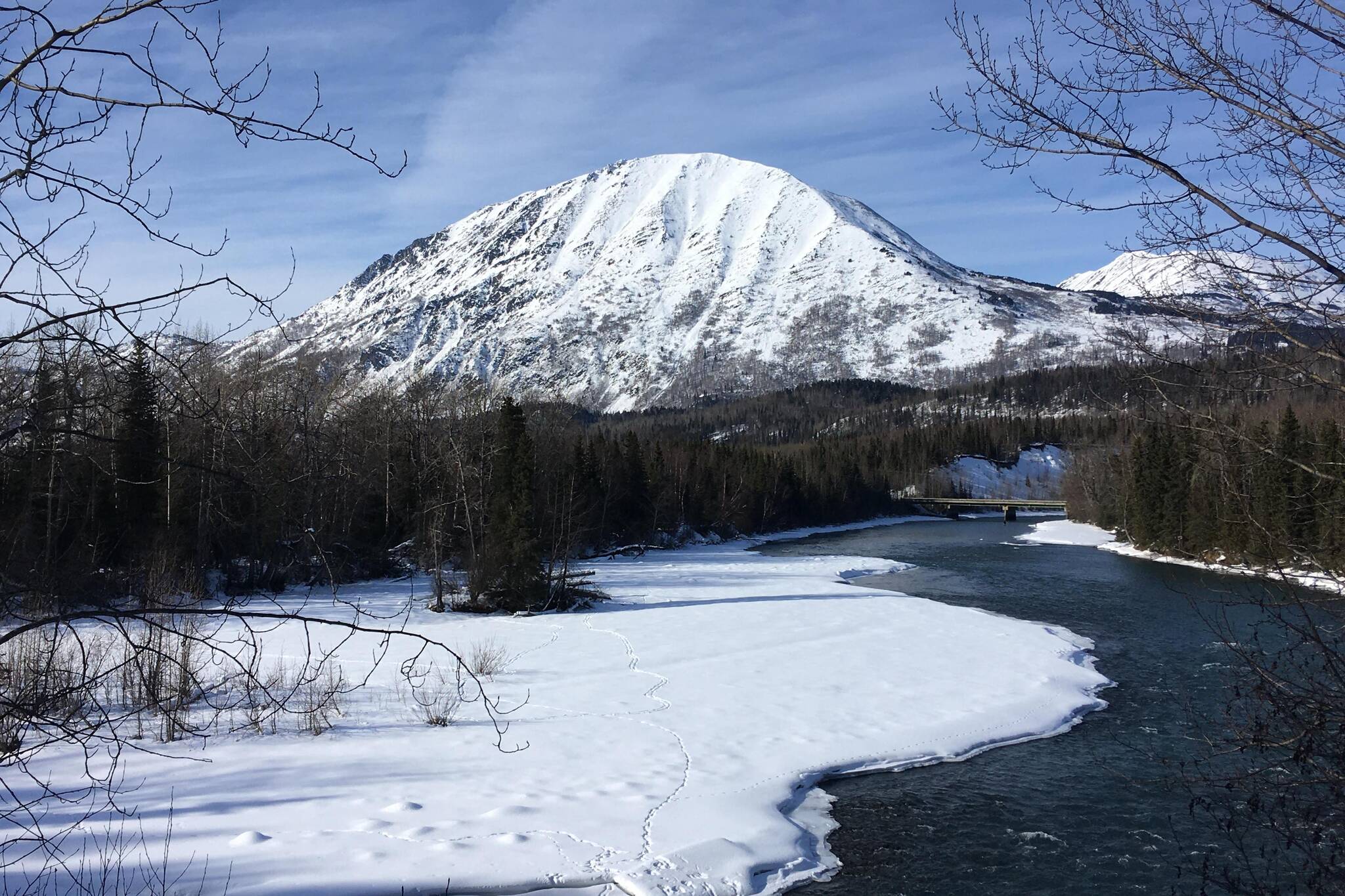 The Sterling Highway crosses the Kenai River near the Russian River Campground on March 15, 2020, near Cooper Landing, Alaska. (Jeff Helminiak/Peninsula Clarion)