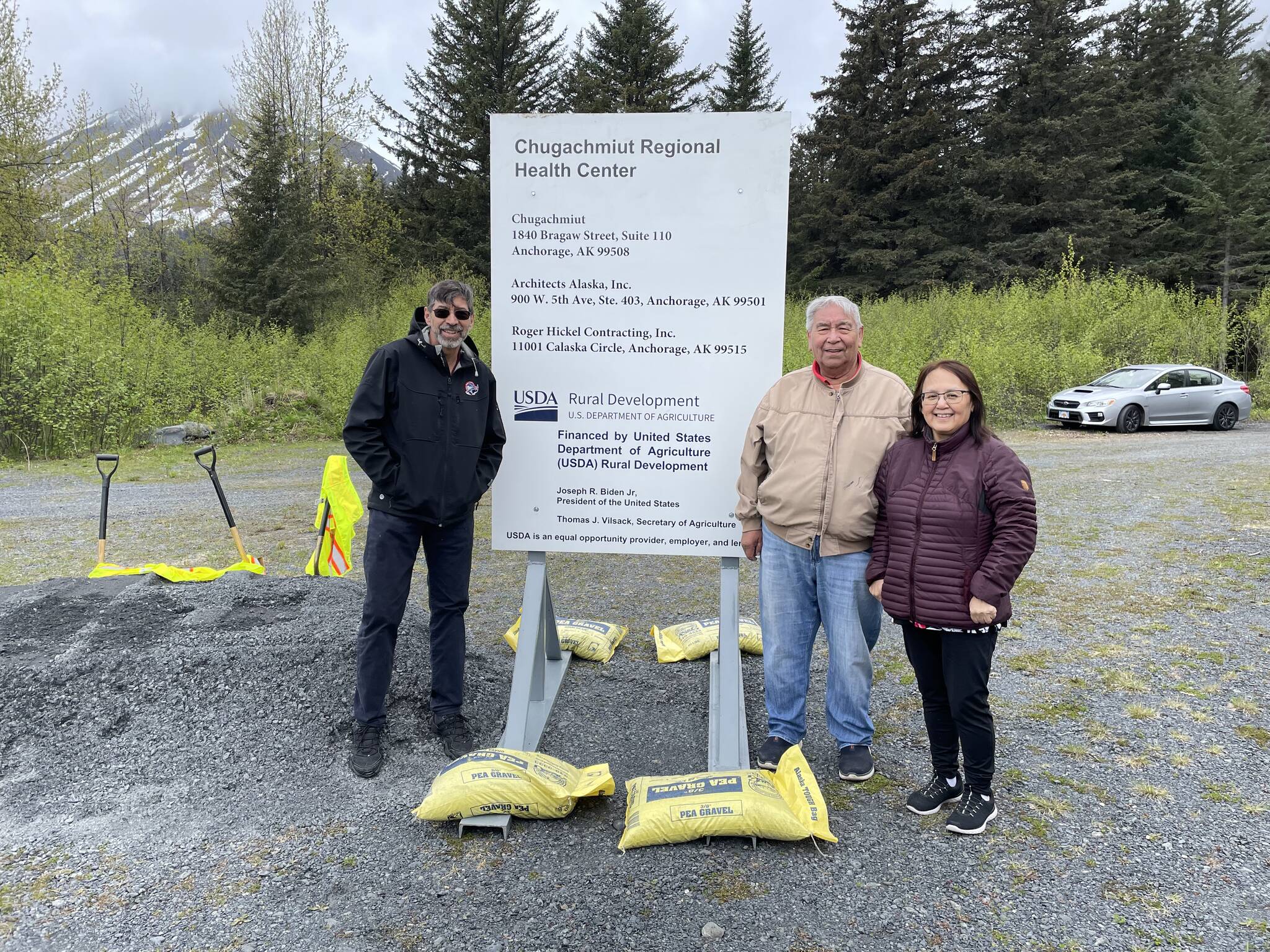 Chugachmiut Board Director Arne Hatch from Qutekcak, Vice Chair Larry Evanoff from Chenega, and Chair Fran Norman from Port Graham broke ground for the Chugachmiut Regional Health Center in Seward, Alaska, Saturday, June 3. The occasion marked the start of construction of the $20 million facility. The 15,475 square foot Tribally owned and operated health clinic will serve as a regional hub providing medical, dental, and behavioral health services for Alaskans in seven Tribal communities. (Photo provided by United States Department of Agriculture Rural Development)