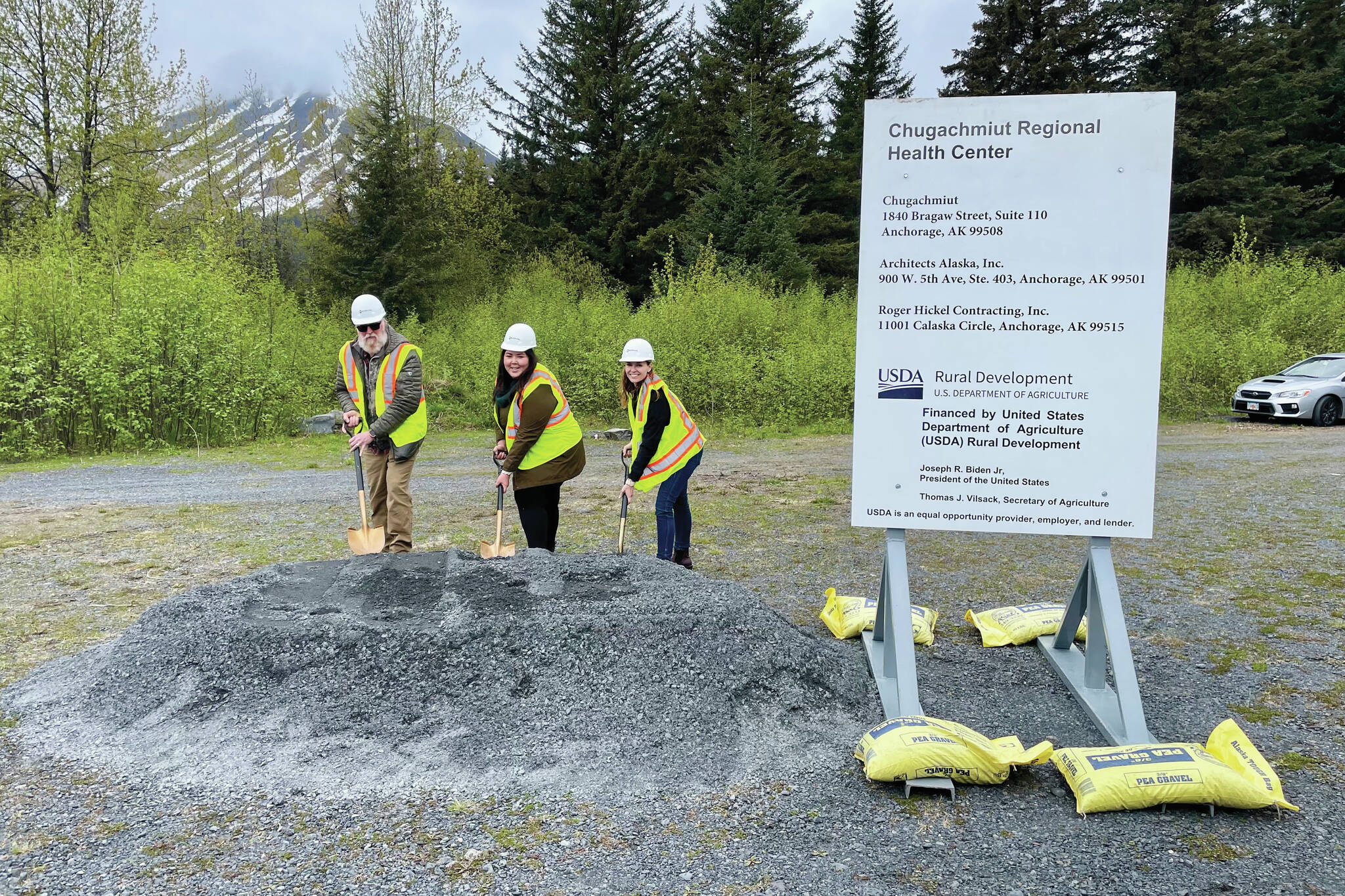 Photo provided by United States Department of Agriculture Rural Development
Chugachmiut Board Vice Chair Larry Evanoff from Chenega, Chair Fran Norman from Port Graham, and Director Arne Hatch from Qutekcak break ground for the Chugachmiut Regional Health Center in Seward, June 3. The occasion marked the start of construction of the $20 million facility. The 15,475-square-foot tribally owned and operated health clinic will serve as a regional hub providing medical, dental and behavioral health services for Alaskans in seven tribal communities.