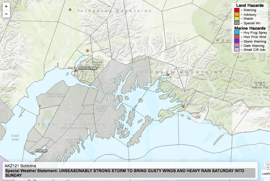 A special weather statement has been issued for the Kenai Peninsula and surrounding areas. (Screenshot via National Weather Service)