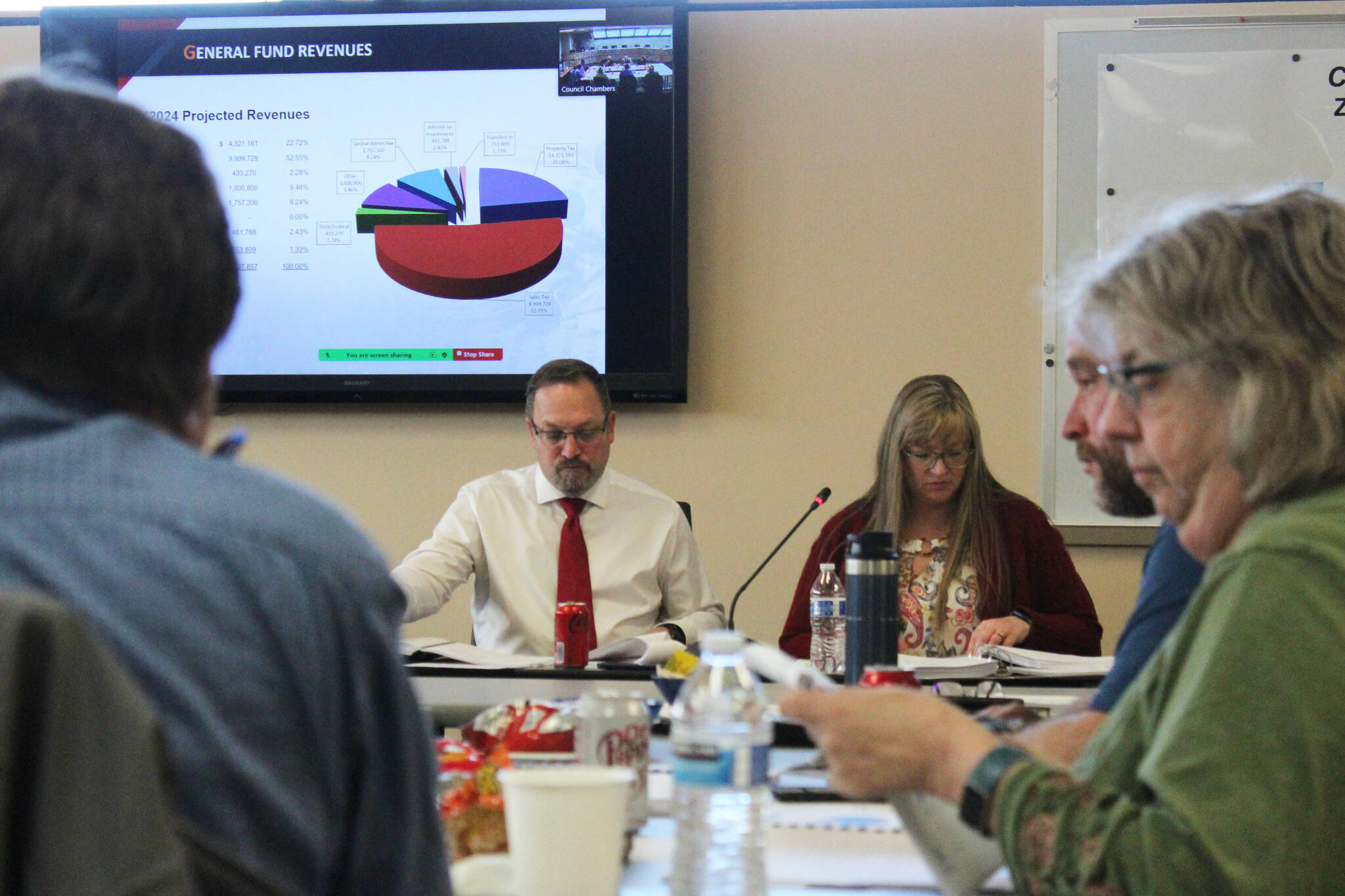 Kenai City Manager Terry Eubank (left) and Kenai Controller Lana Metcalf (right) present budget information during a city council work session on Saturday, April 29, 2023, in Kenai, Alaska. (Ashlyn O’Hara/Peninsula Clarion)