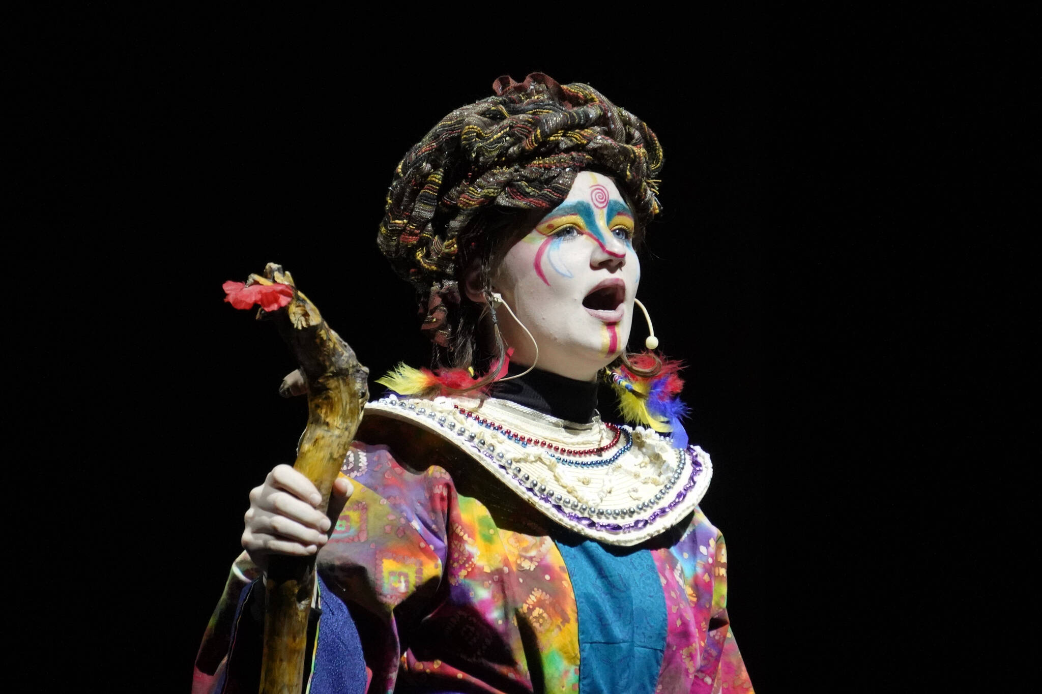 Oshie Broussard portrays Rafiki during a rehearsal of “The Lion King Jr.” in the Renee C. Henderson Auditorium in Kenai, Alaska, on Tuesday, June 6, 2023. (Jake Dye/Peninsula Clarion)